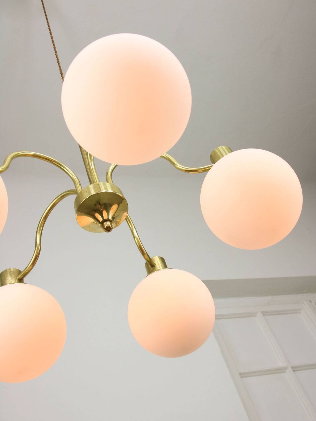 Italian Mid Century Modern Chandelier In Brass And Opaline Glass, 1960s photo vintage