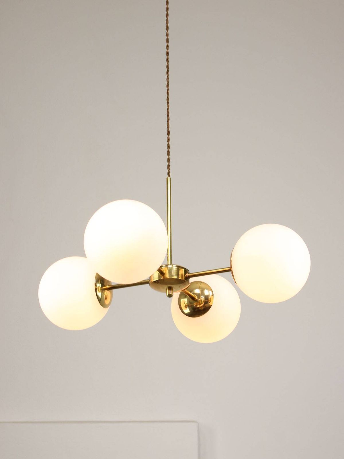 photo for sale Italian Mid Century Golden Sputnik Chandelier With Opaline Shades, 1960s