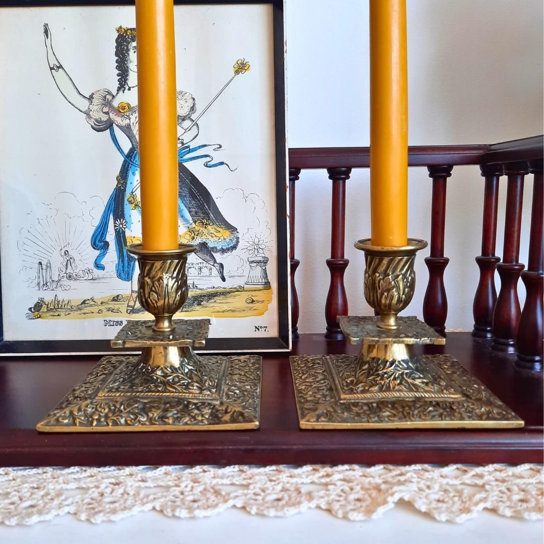 Antique Victorian Brass Candlesticks In The Gothic Revival Style, Ornate Brass Candle Holders photo for sale