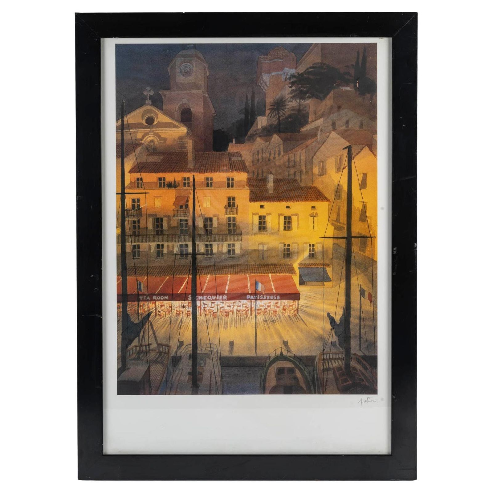 Lithograph Of Saint Tropez, Senequier, Signed, Framed Under Glass, 1990.