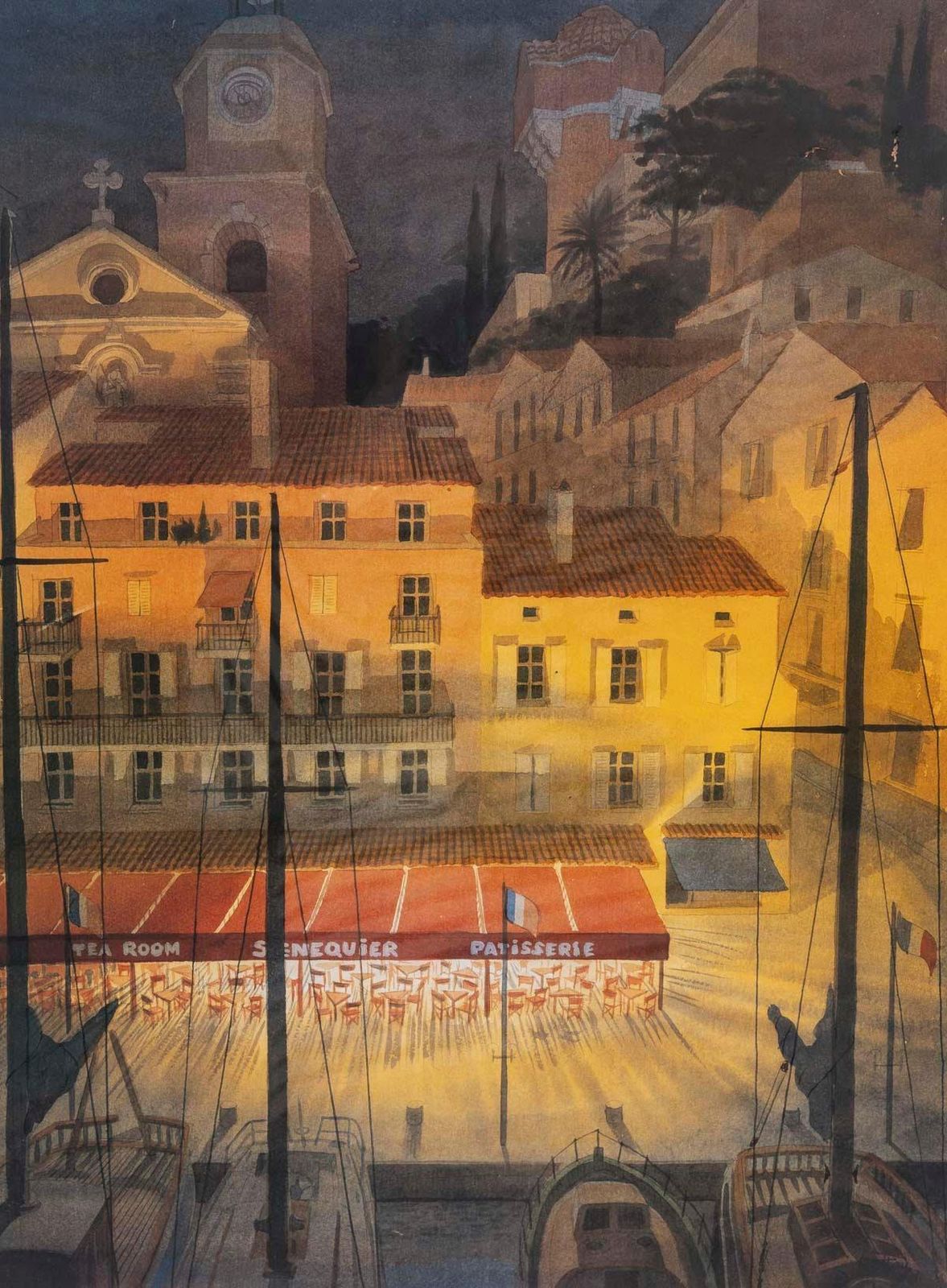 Lithograph Of Saint Tropez, Senequier, Signed, Framed Under Glass, 1990. photo furniture