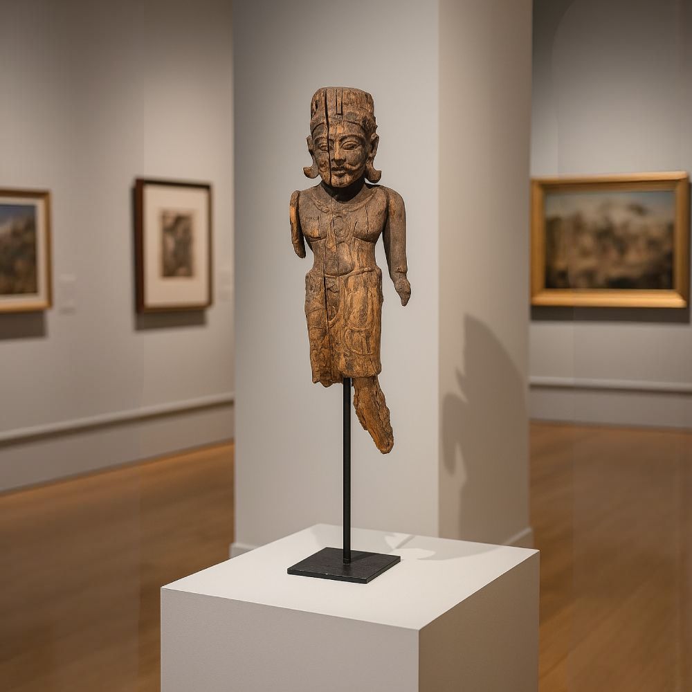 19th Century Hand Carved Indian King Sculpture | Antique Teakwood Figure On Iron Stand From Rajasthan photo furniture