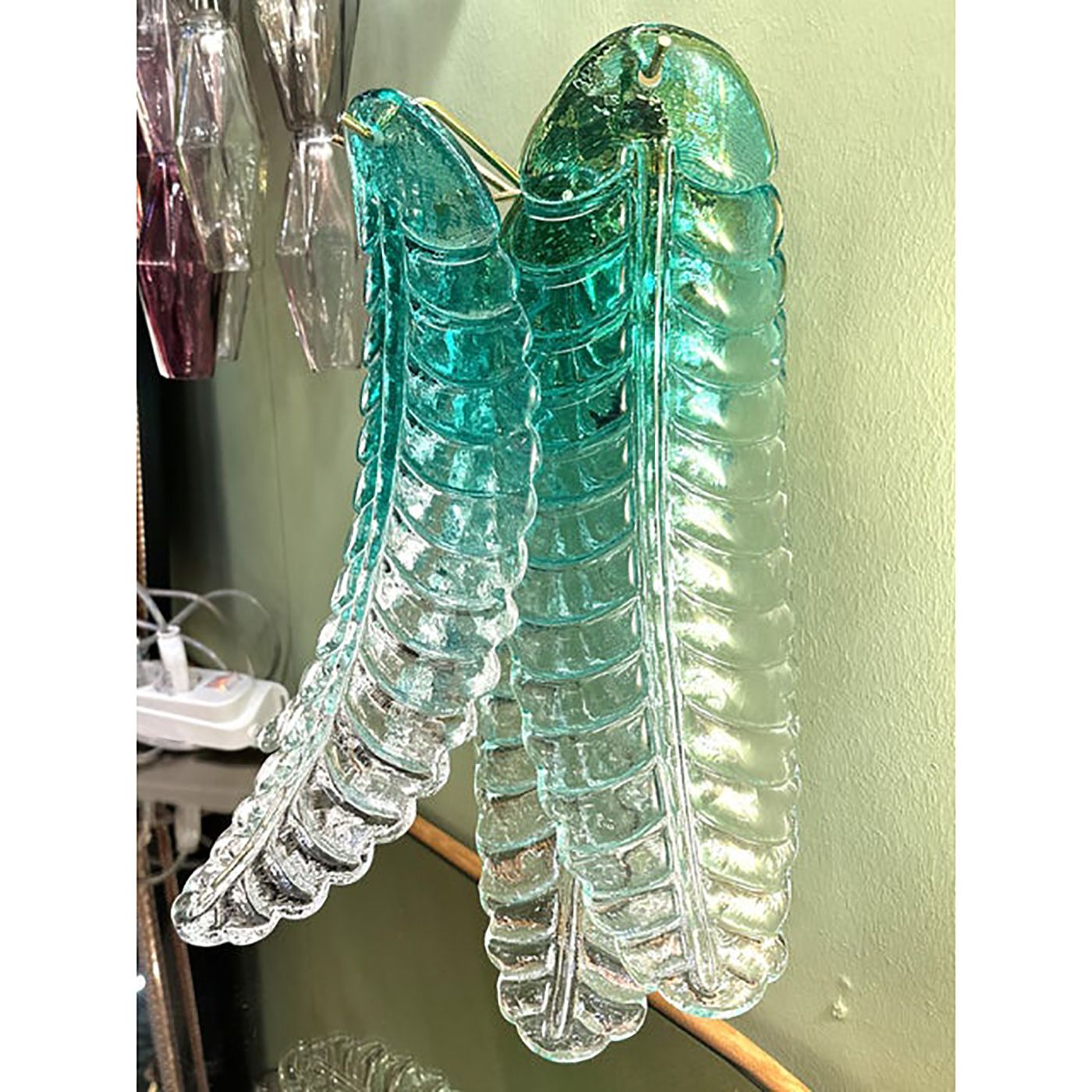 Contemporary Scenographic Set Of Two Greeen "Felci" Murano Glass Wall Sconces photo for sale