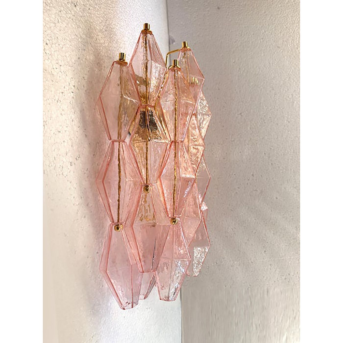 Set Of Two Contemporary Pink “Poliedri” Murano Glass Gold 24k Wall Sconces photo Lighting