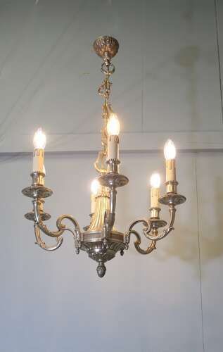 A Large French Gilded Brass 6 Branch Chandelier