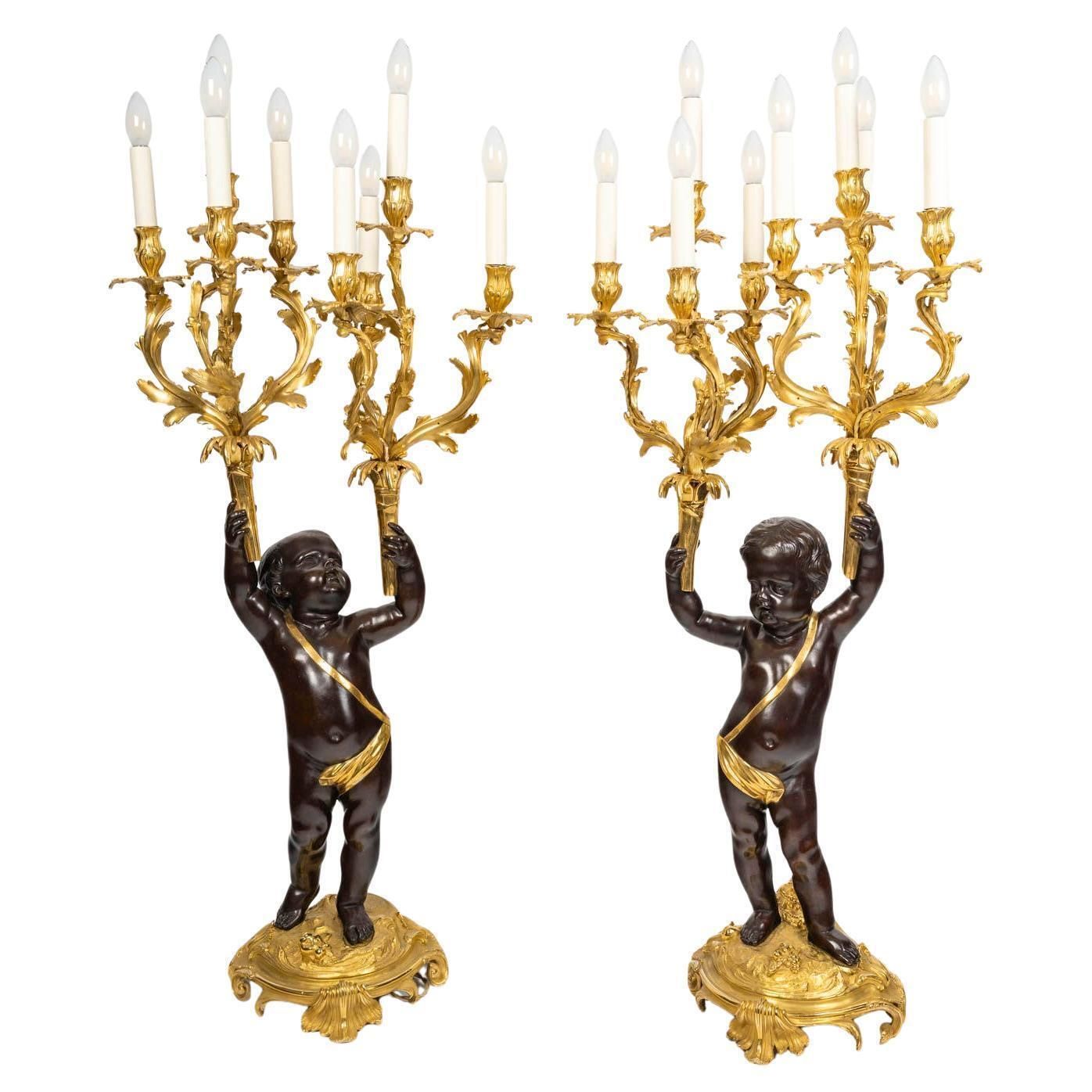 Large Pair Of Electrified Candelabra In Gilded Bronze With Patina, 19th Century.