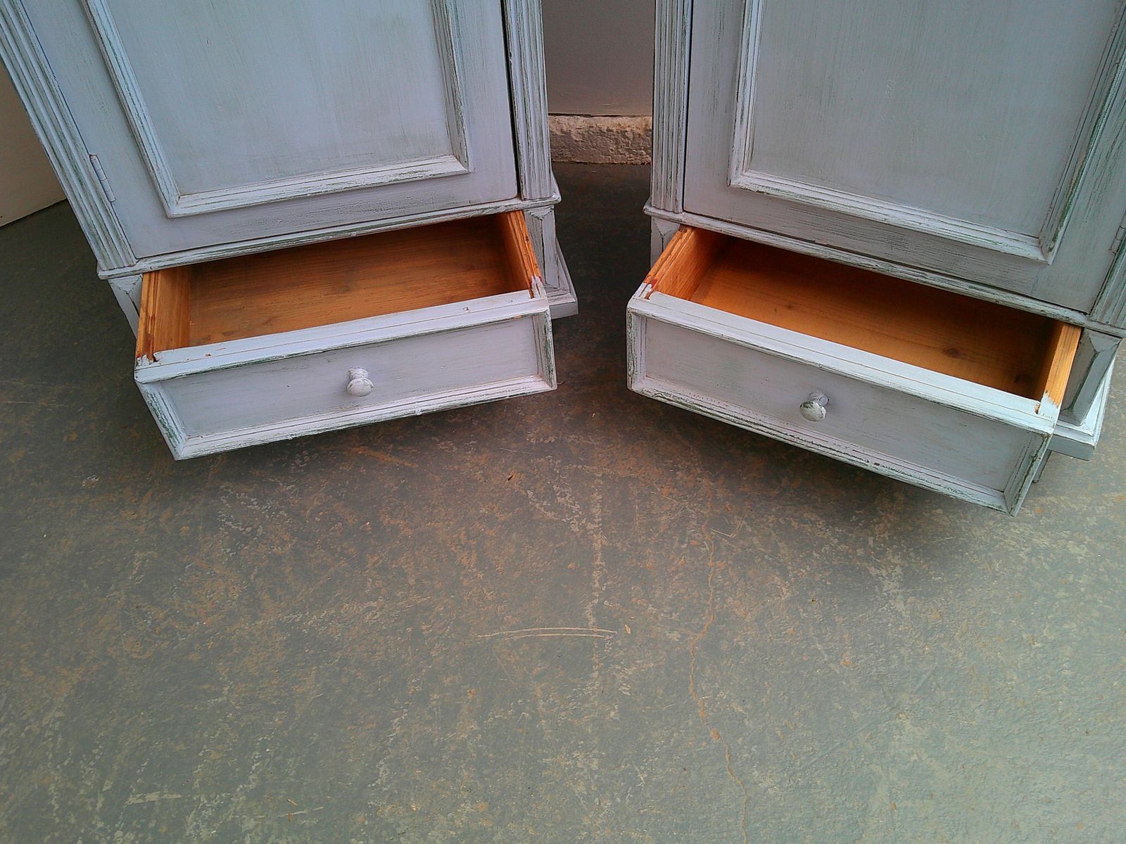 A Cracking Pair Of Sky Blue Antique Pine Kitchen Display Cabinets photo for sale