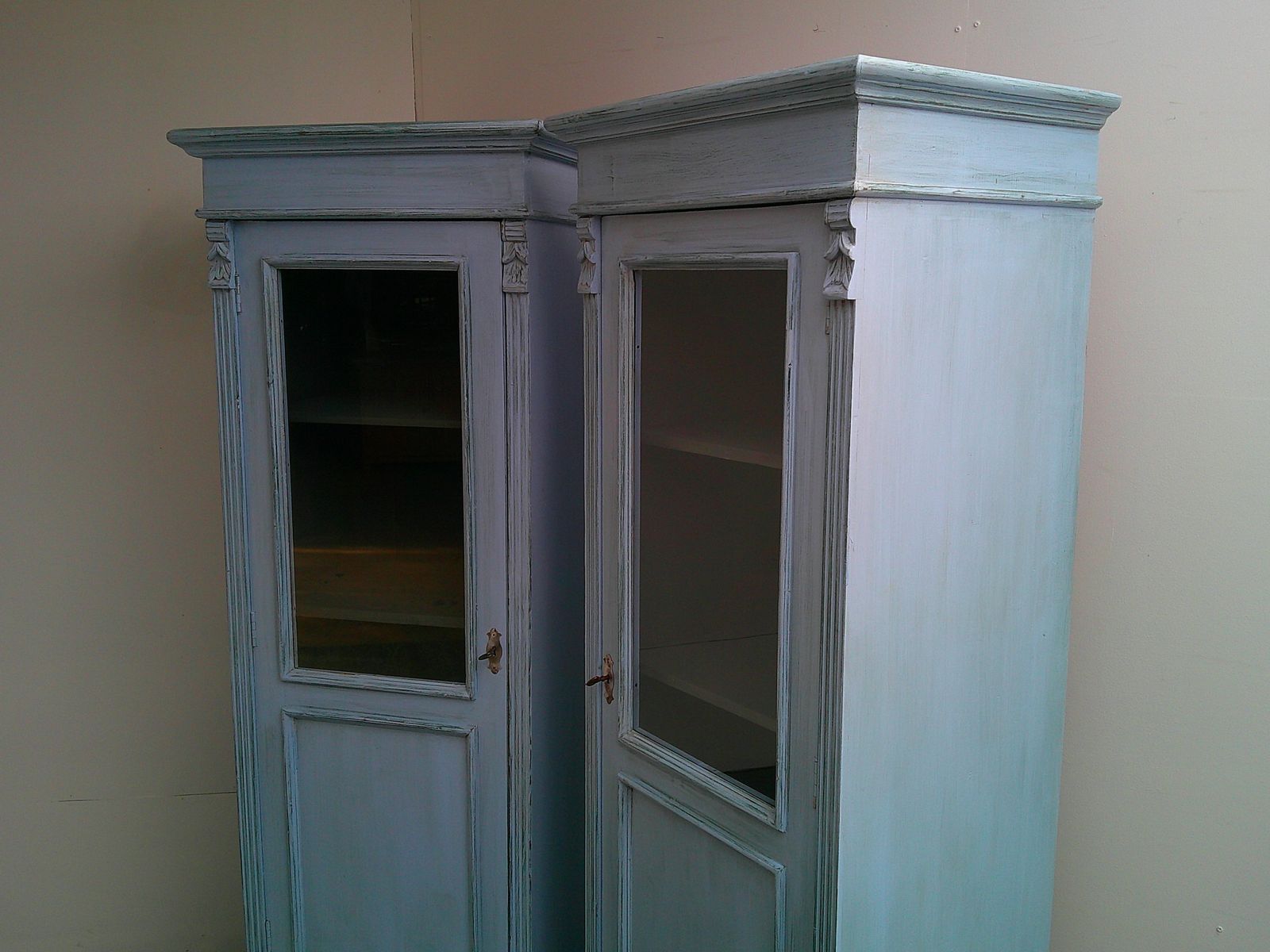 A Cracking Pair Of Sky Blue Antique Pine Kitchen Display Cabinets photo Furniture