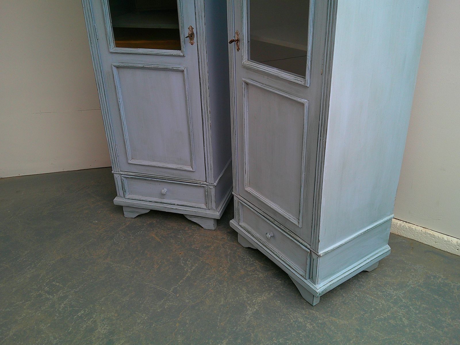 photo for sale A Cracking Pair Of Sky Blue Antique Pine Kitchen Display Cabinets