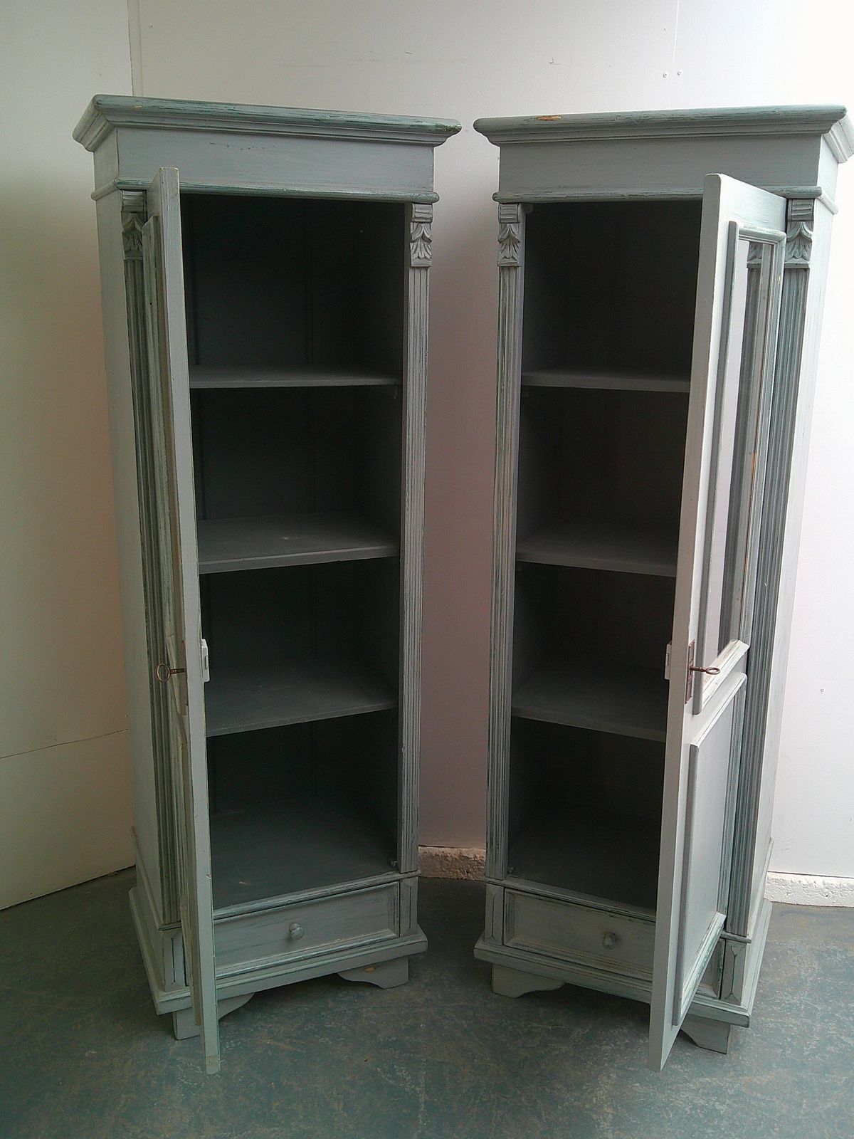 A Cracking Pair Of Light Grey Antique Pine Kitchen / Bathroom Display Cabinets photo furniture