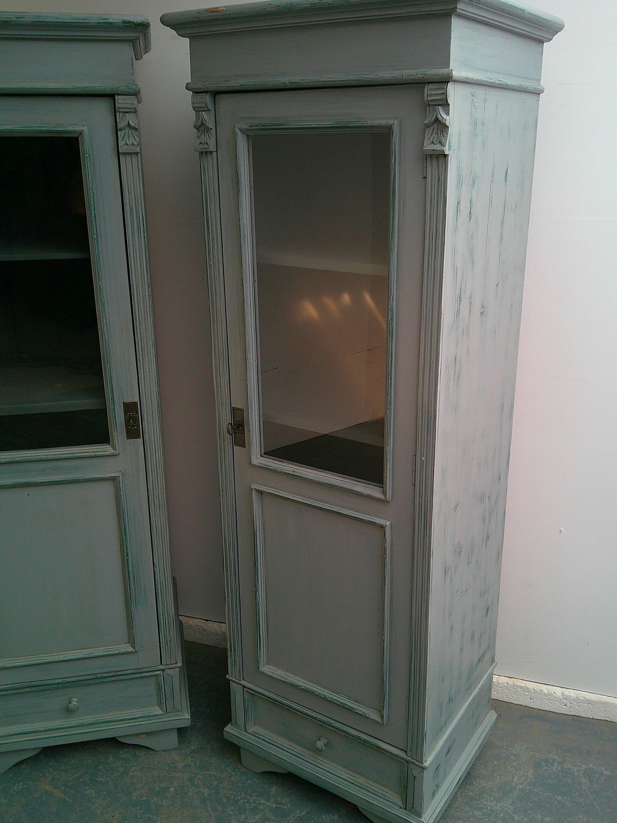 A Cracking Pair Of Light Grey Antique Pine Kitchen / Bathroom Display Cabinets photo 1395.0