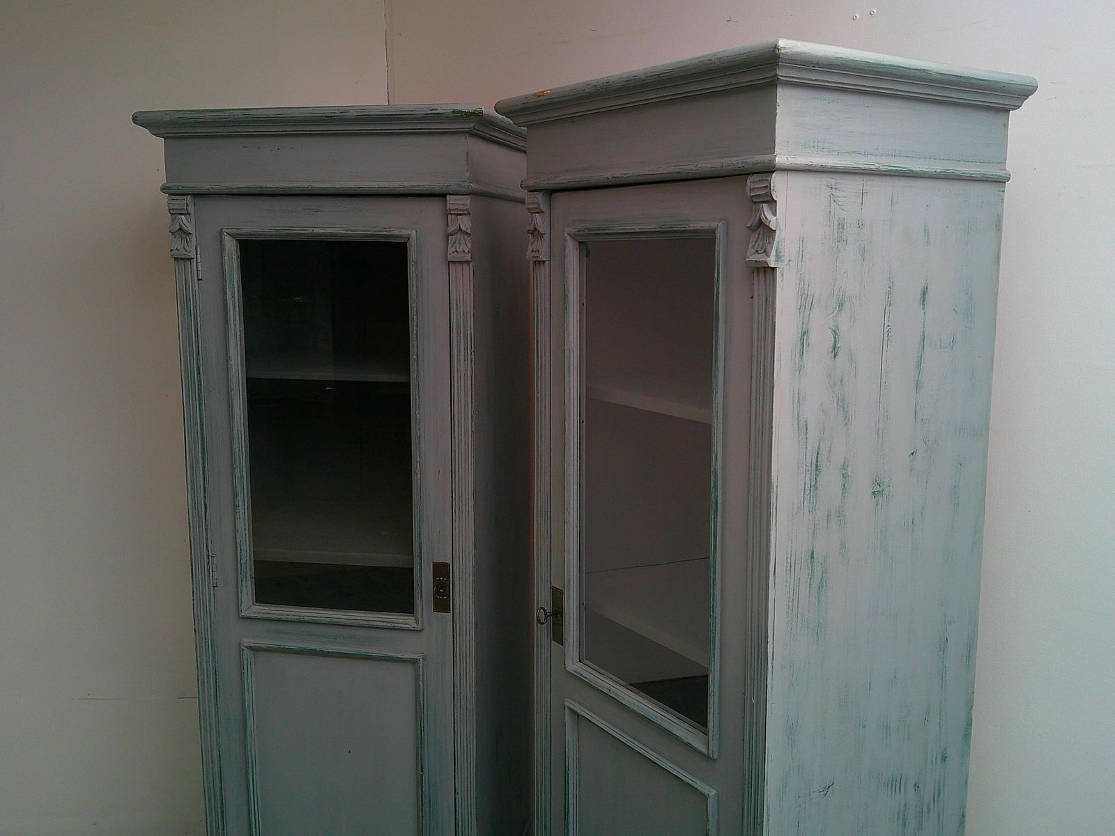 photo furniture A Cracking Pair Of Light Grey Antique Pine Kitchen / Bathroom Display Cabinets