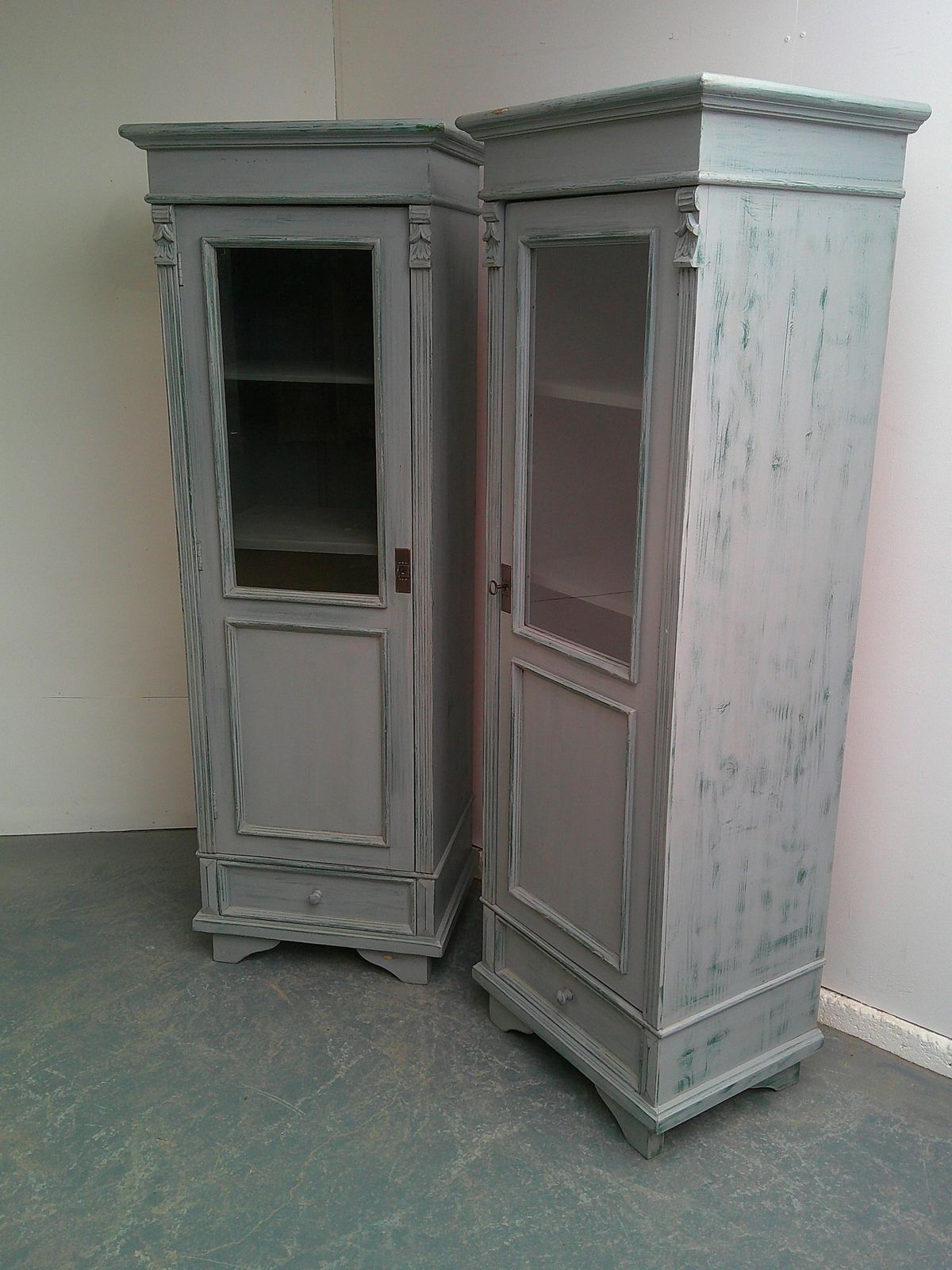 A Cracking Pair Of Light Grey Antique Pine Kitchen / Bathroom Display Cabinets