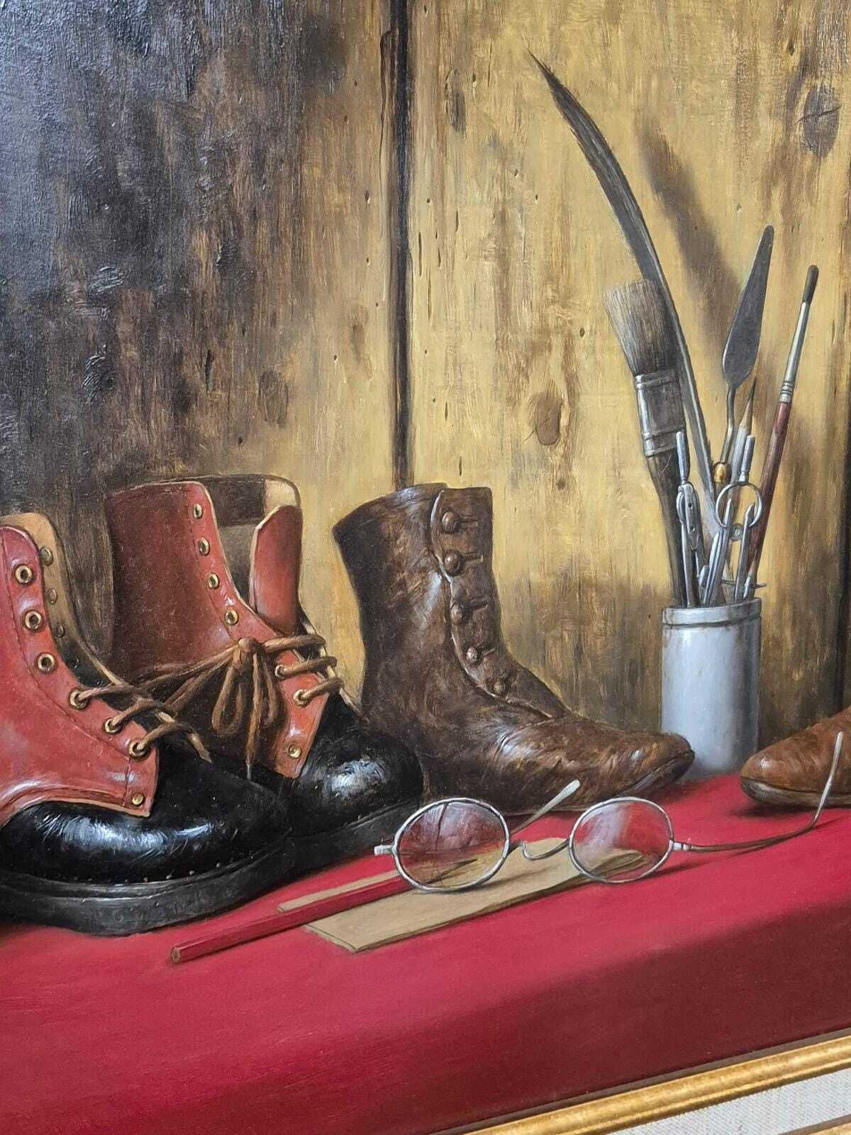 Werner Van Hoylandt (Belgium B.1951)   Boots Spectacles & Artists Tools   Still Life Oil On Panel photo 860.0