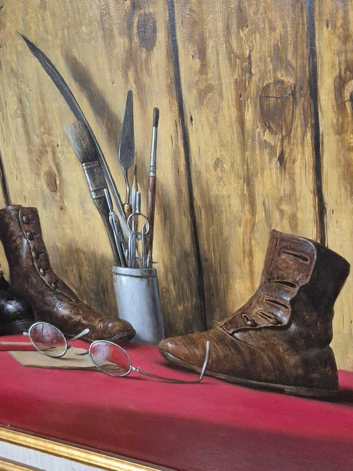 Werner Van Hoylandt (Belgium B.1951)   Boots Spectacles & Artists Tools   Still Life Oil On Panel photo vinterior