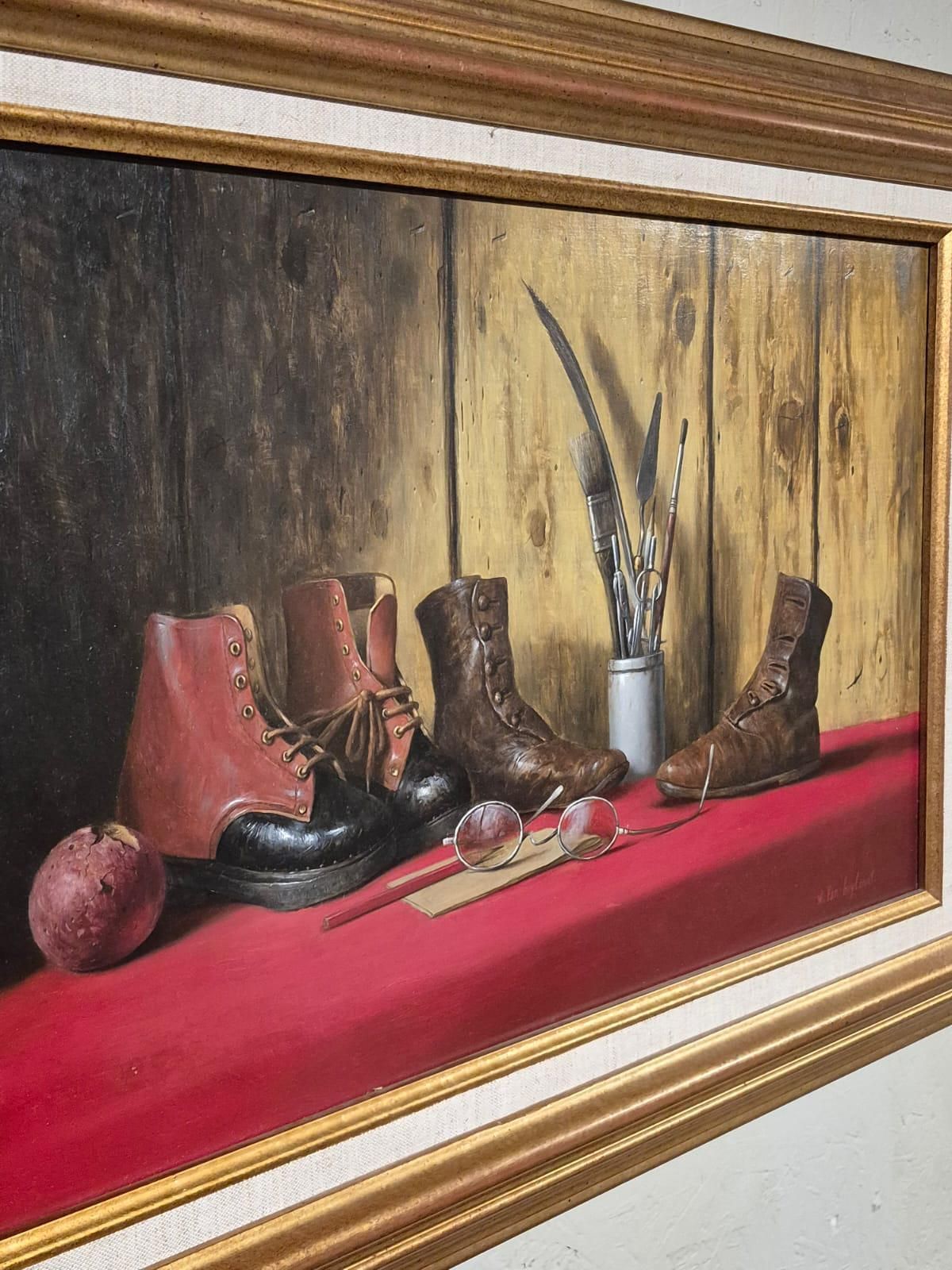 photo for sale Werner Van Hoylandt (Belgium B.1951)   Boots Spectacles & Artists Tools   Still Life Oil On Panel