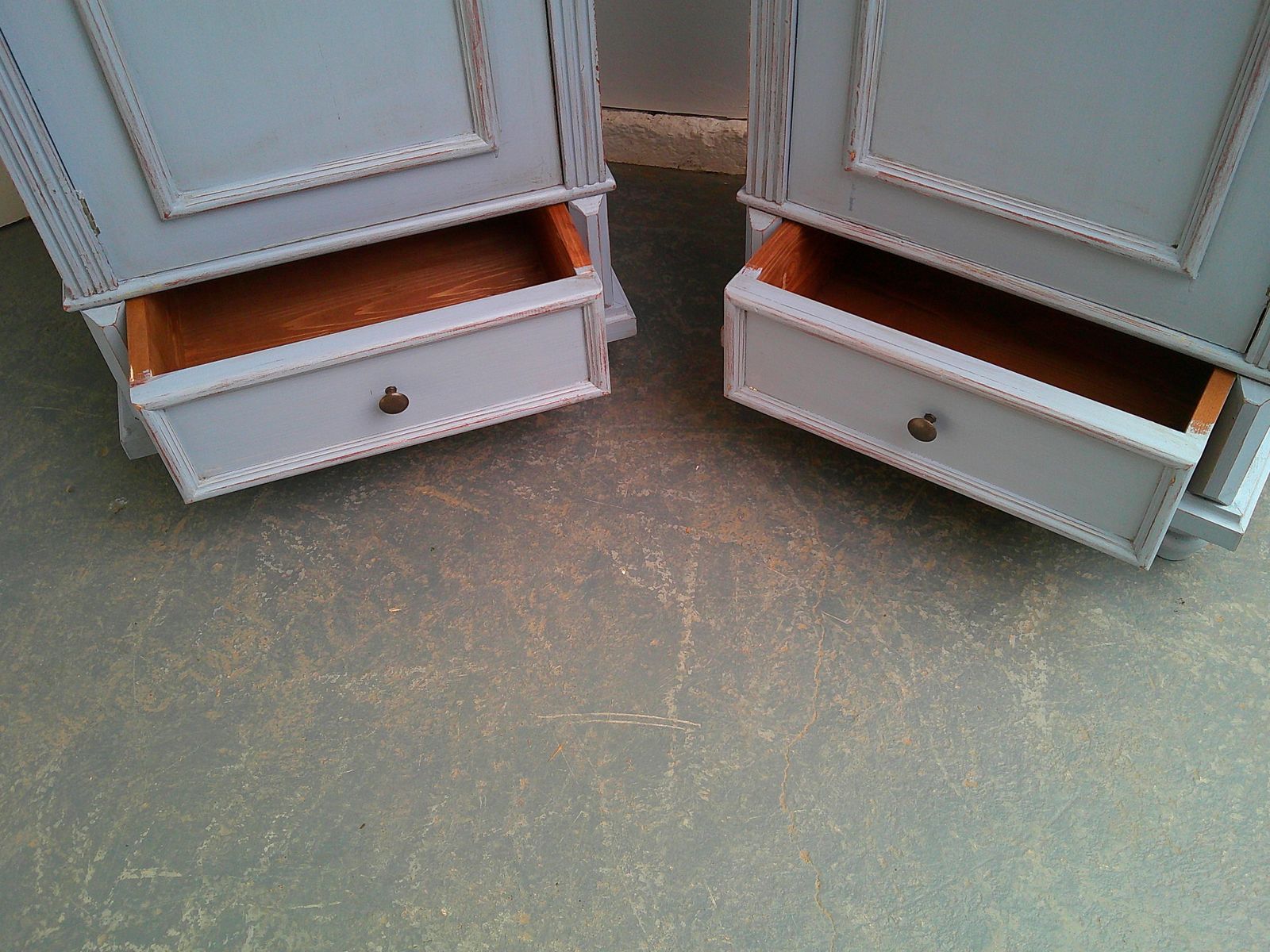 A Cracking Pair Of Light Blue Antique Pine Kitchen / Bathroom Display Cabinets photo 1395.0