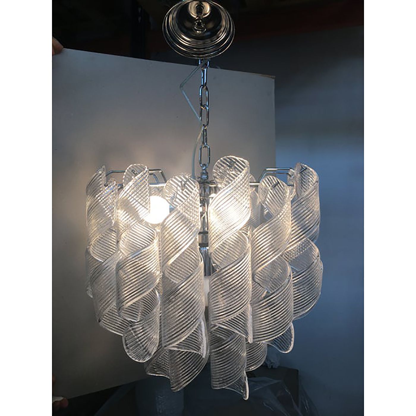 Murano Glass Sputnik Chandelier With Swirling Italian Glass Clear And White photo vintage