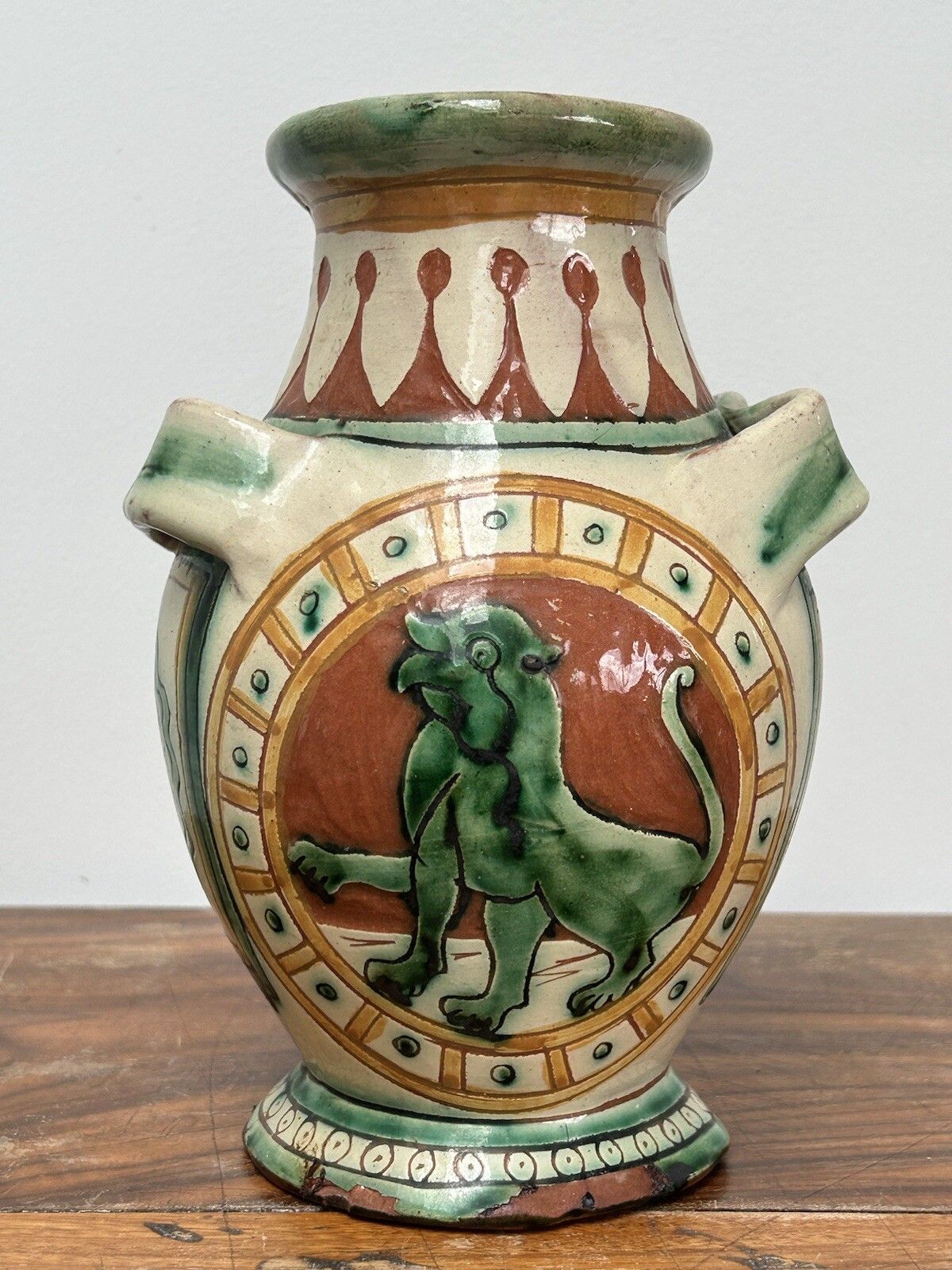 Antique Signed Italian Faience Lion Majolica Handled Terracotta Pottery Assisi photo 68.0