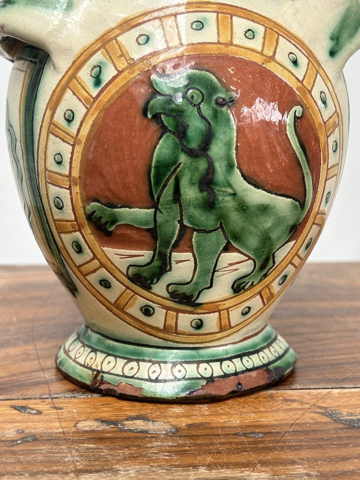 Antique Signed Italian Faience Lion Majolica Handled Terracotta Pottery Assisi photo buy