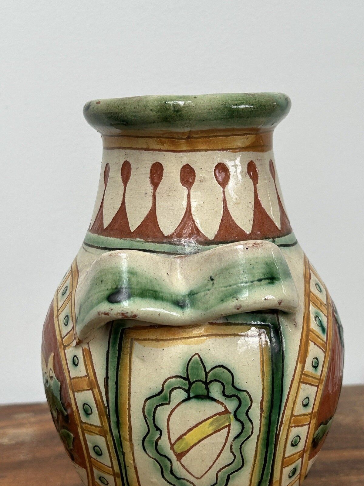 Antique Signed Italian Faience Lion Majolica Handled Terracotta Pottery Assisi photo vintage