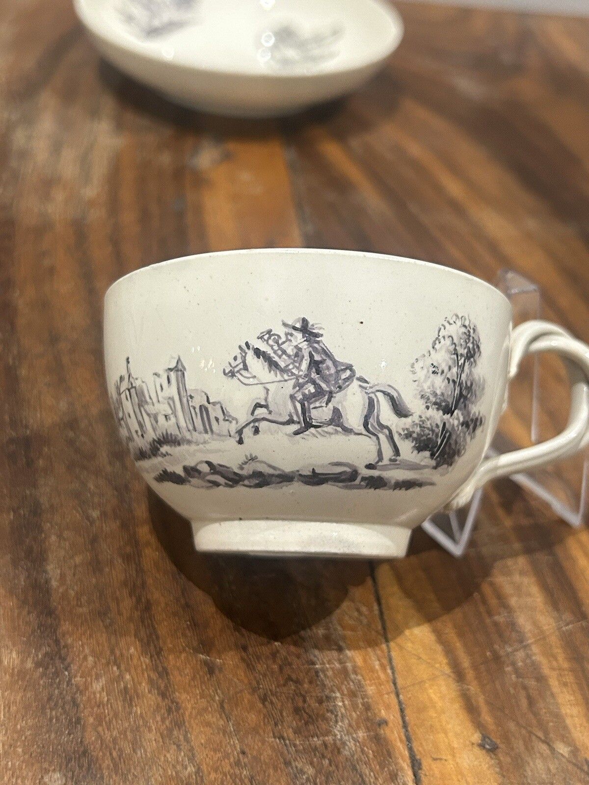 photo furniture 18th C Creamware Handpainted Twist Handle Creamware Teacup / Dish (Wedgwood?)