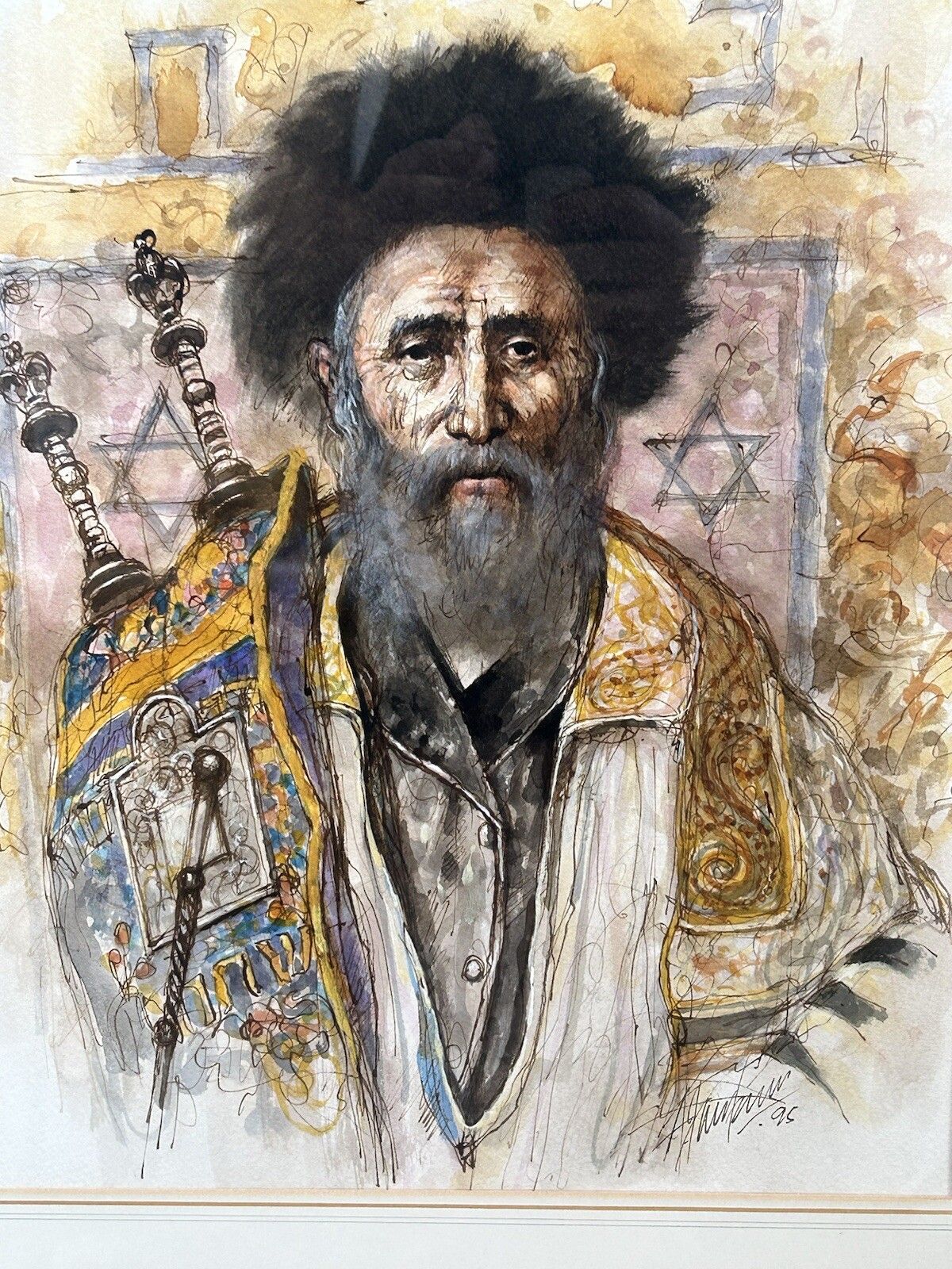 Exceptional Watercolour Jewish Rabbi With Torah Framed Signed Judaica photo vinterior