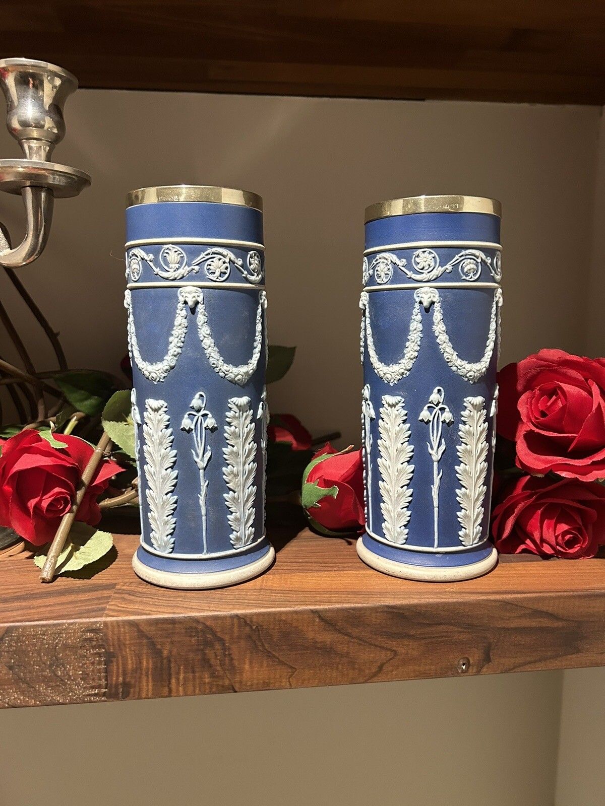 Wedgwood Jasperware Silver Rim Pair Acanthus Spill Vases photo for sale