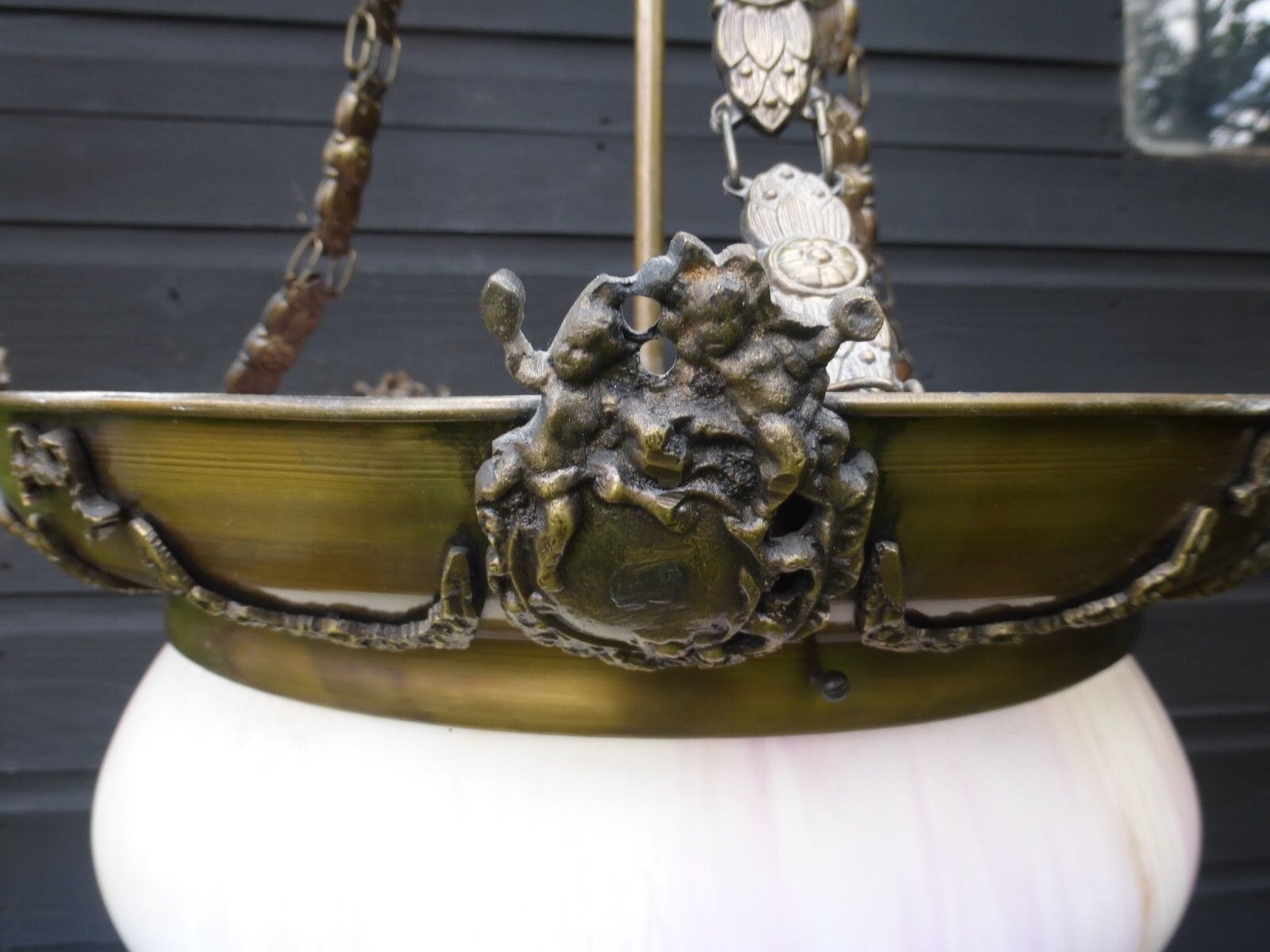 Art Deco Metal Cherubs Putti Pink /  Cream Flash Glass Plafonnier Ceiling Light photo Lighting