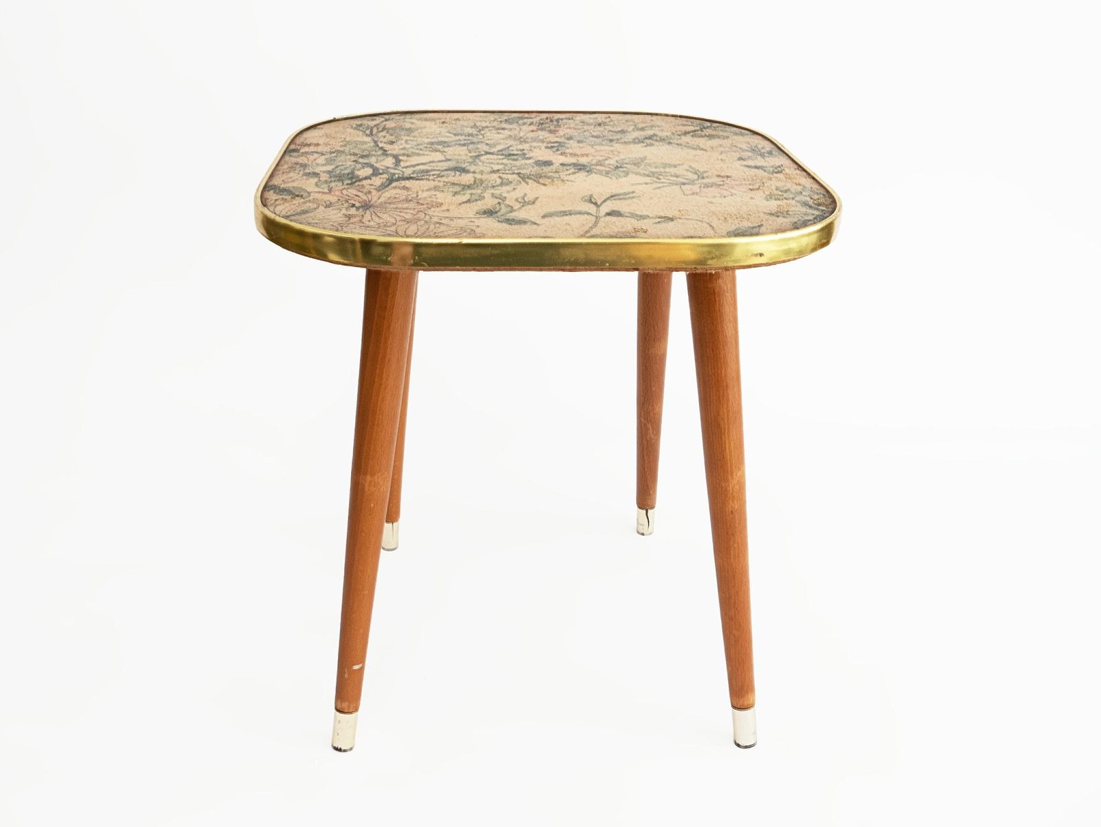 Vintage Foot Stool Plastic Top With Wooden Dansette Legs Gold Coloured Trim & Floral Design Mid Century Home Decor 1960s photo furniture