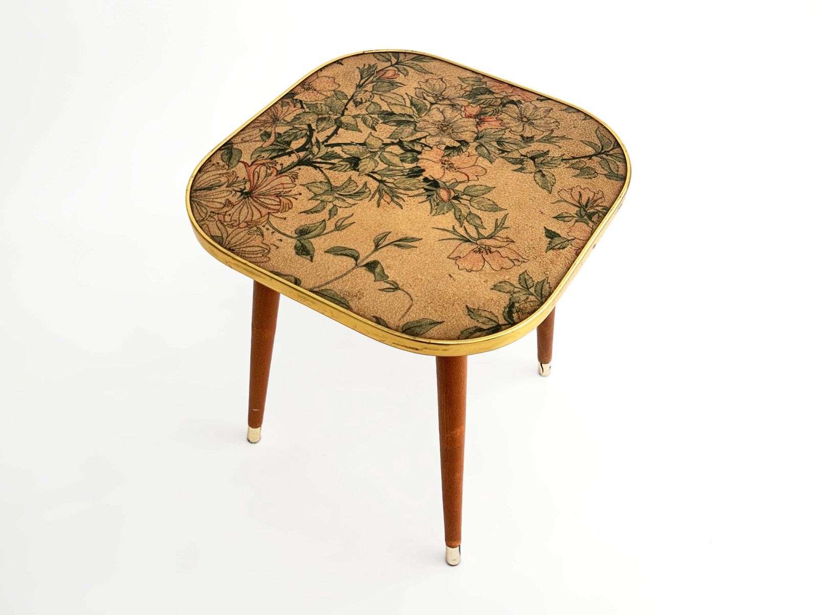Vintage Foot Stool Plastic Top With Wooden Dansette Legs Gold Coloured Trim & Floral Design Mid Century Home Decor 1960s photo Furniture