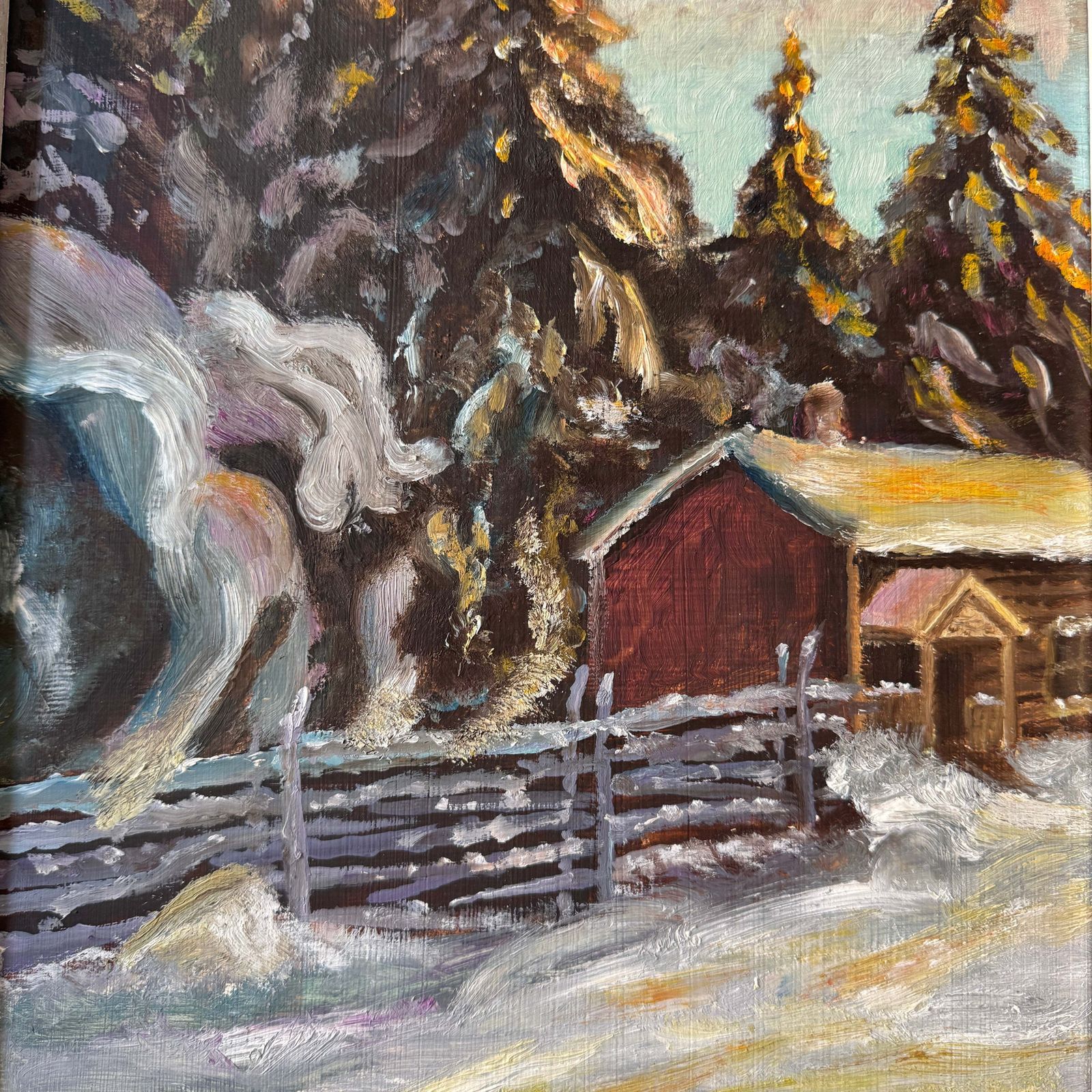Golden Firs, Quiet Snow. Vintage Swedish Oil Painting. photo Art