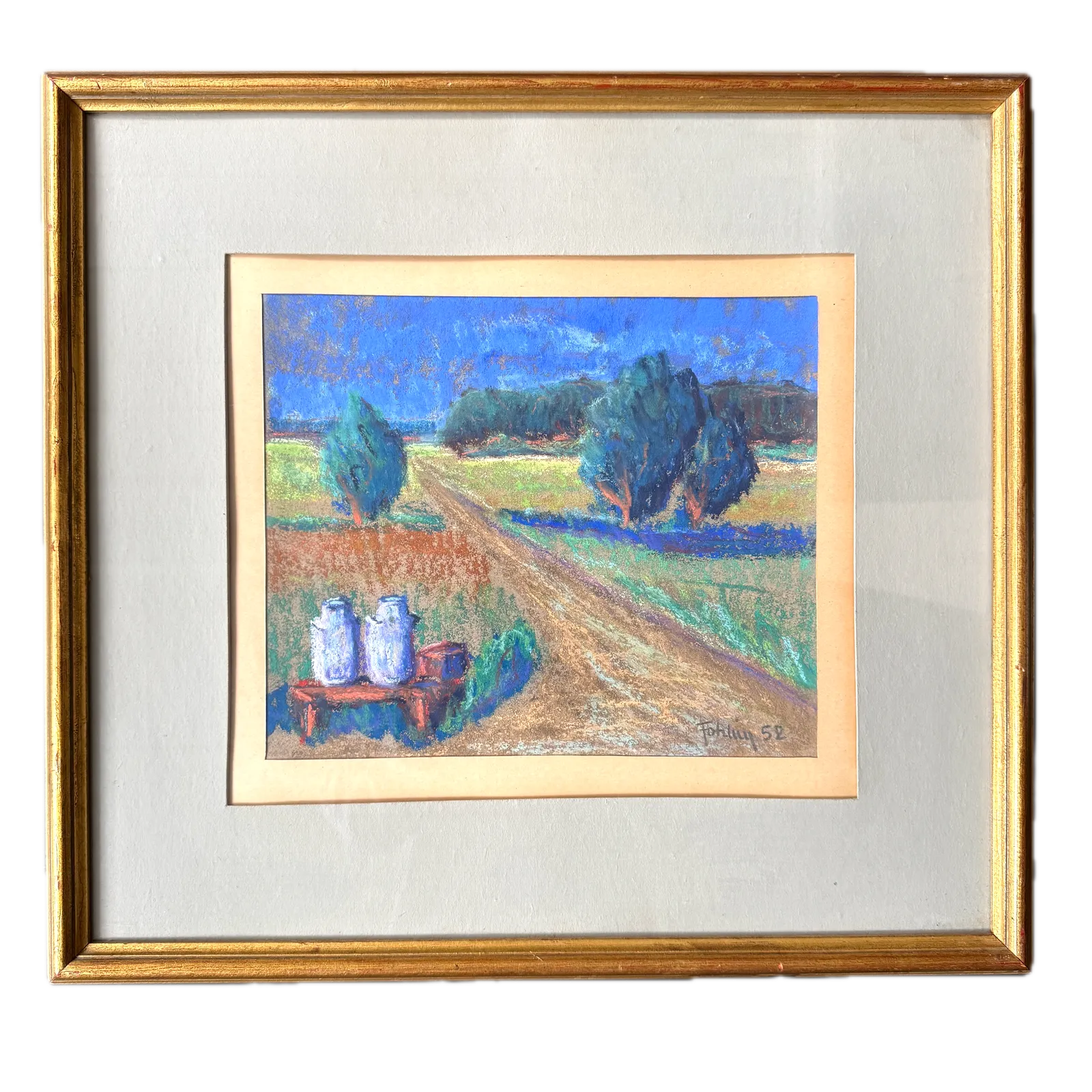 Milk Cans By The Road 1952. Vintage Swedish Pastel Painting.