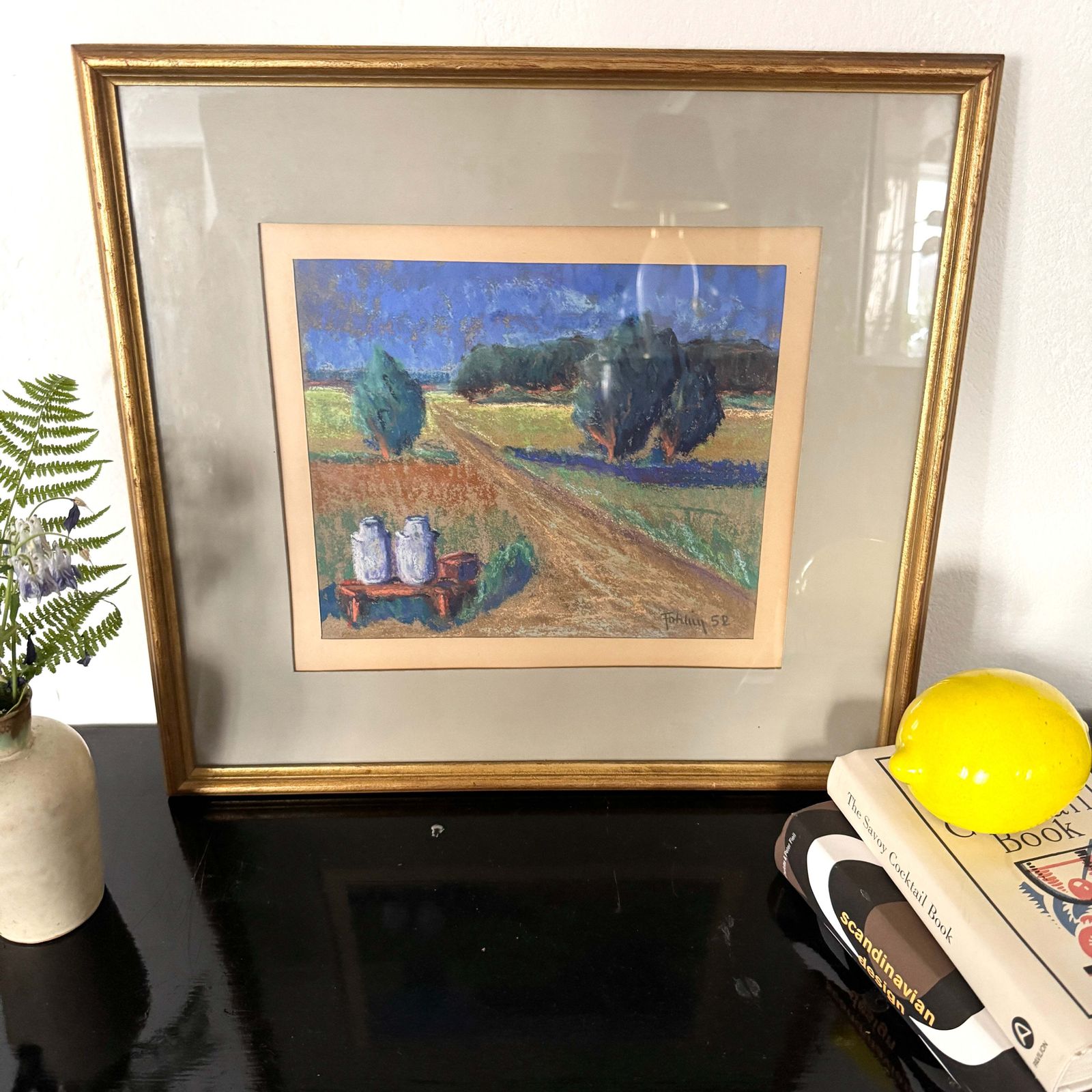 Milk Cans By The Road 1952. Vintage Swedish Pastel Painting. photo furniture