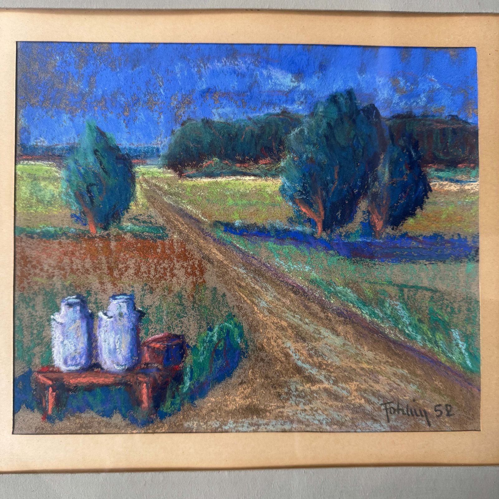 Milk Cans By The Road 1952. Vintage Swedish Pastel Painting. photo for sale