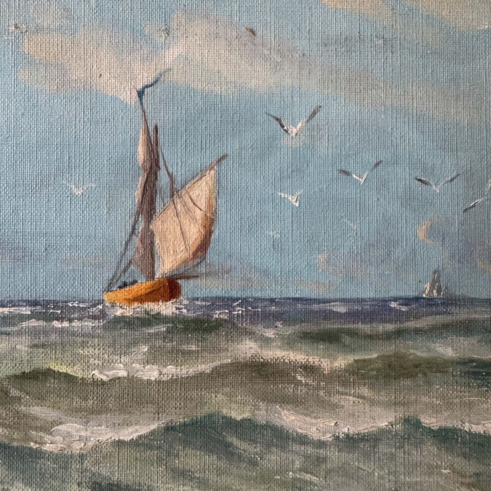 Across The Scandinavian Blue. Early 1900s Oil Painting. photo for sale
