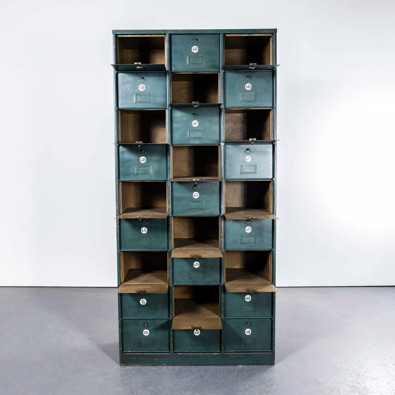 1920’s French Industrial Metal Cabinet Dark Green – Twenty Seven Klappets photo for sale