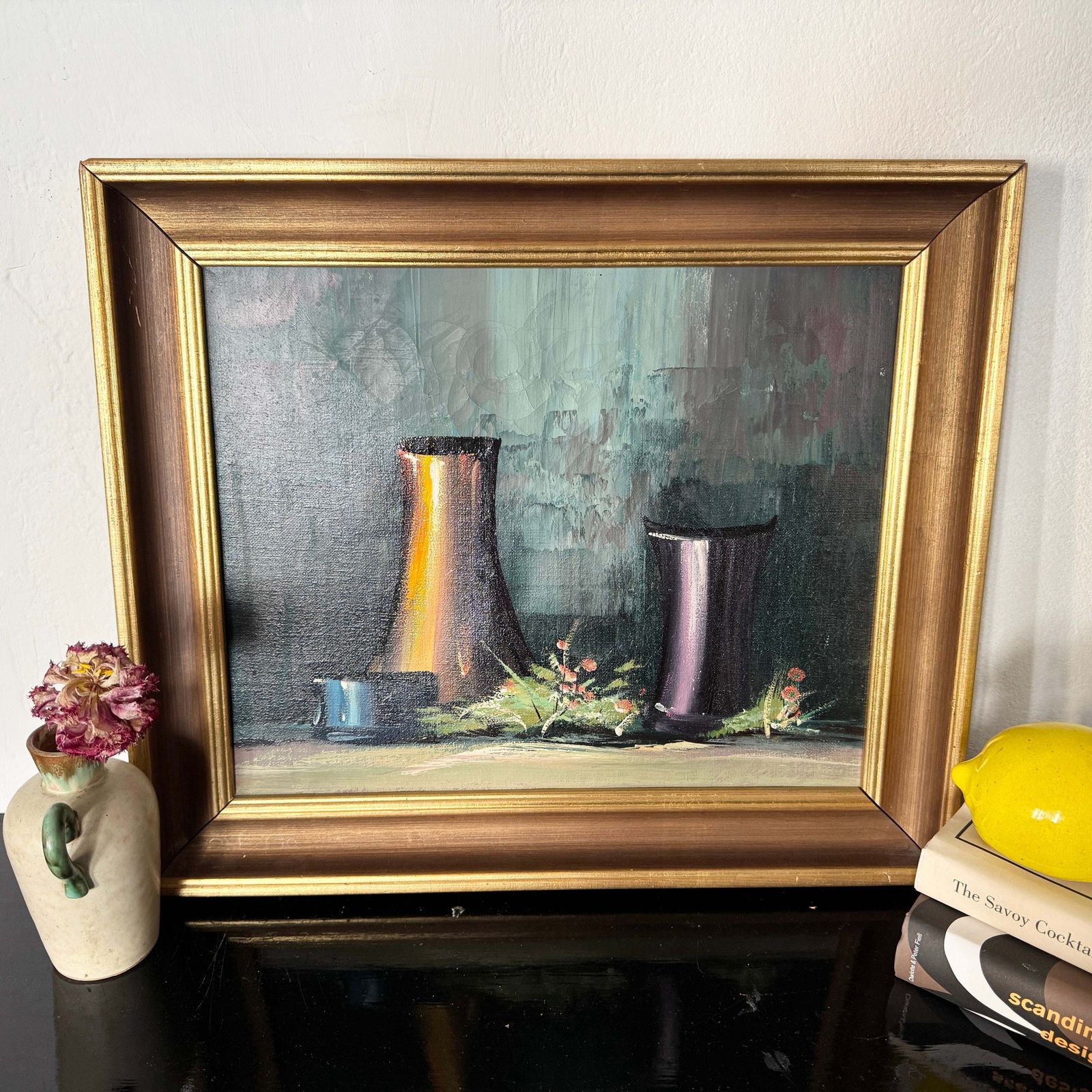 Vessels In Stillness. Vintage Swedish Still Life Oil Painting. photo furniture
