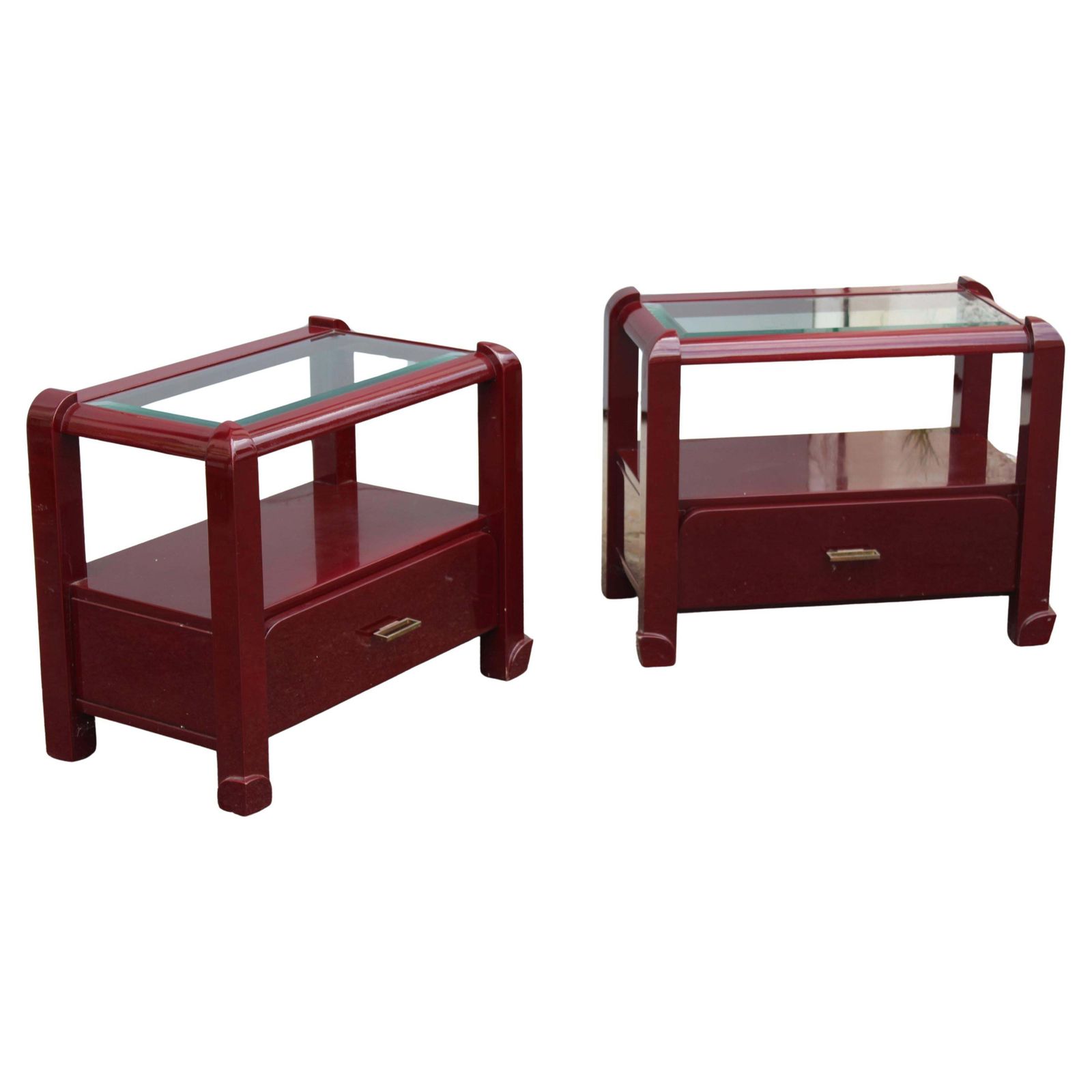 Pair Of Red Lacquer Nightstands With Drawers And Glass Top 1970 Italy
