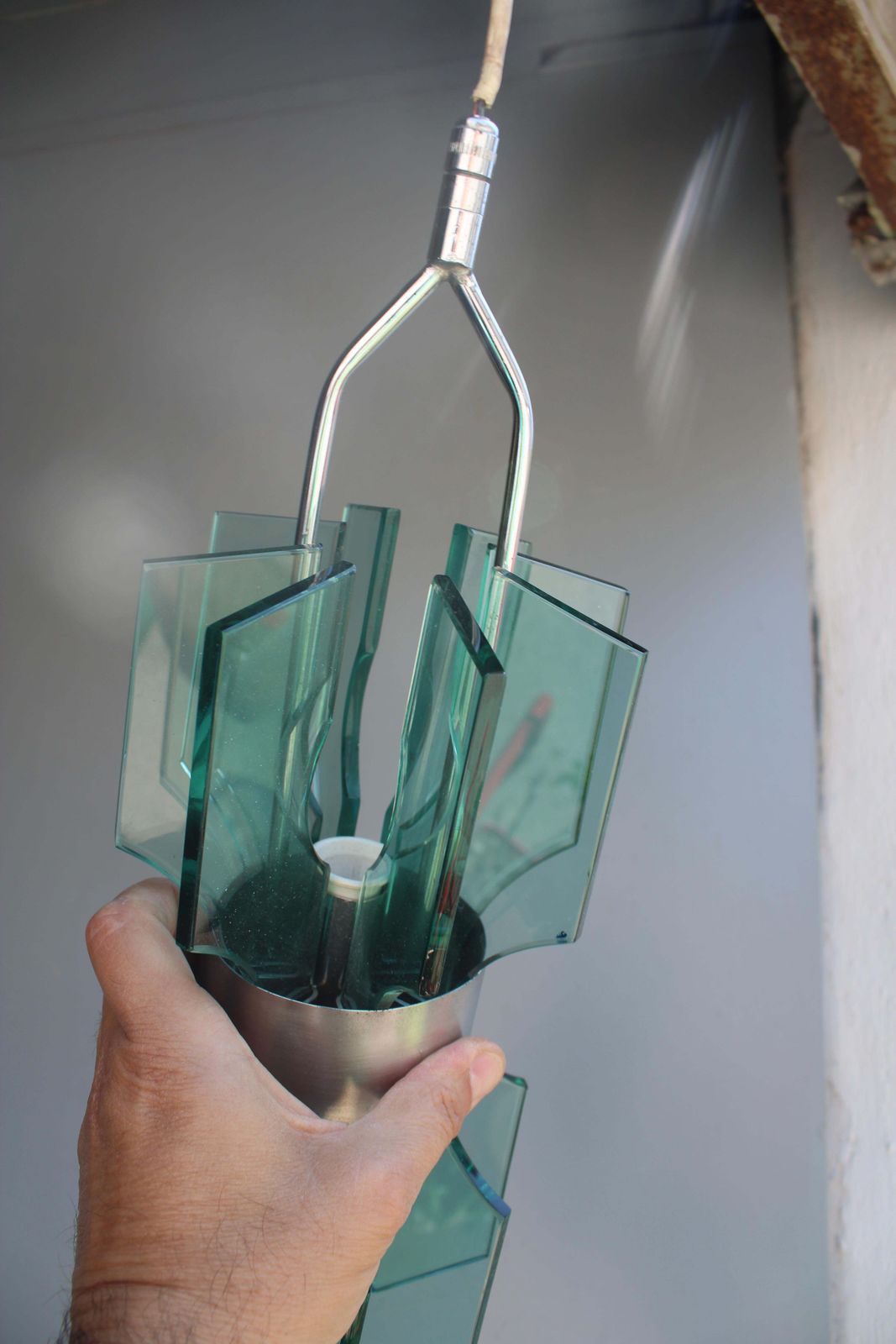 Small Minimal Chandelier Veca In Green Crystal 1960 Italy photo vintage