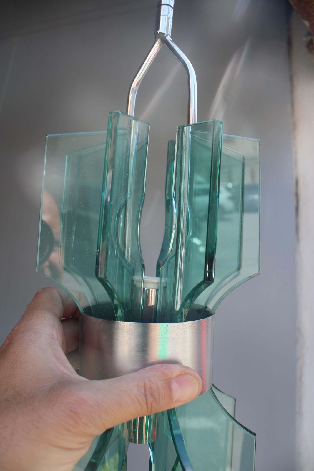 photo for sale Small Minimal Chandelier Veca In Green Crystal 1960 Italy