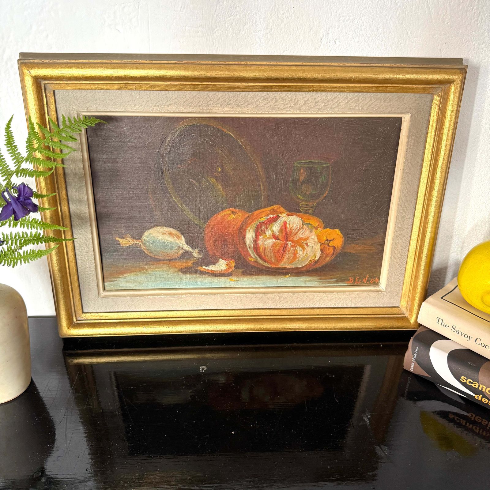 Amber Still Life 1904. Antique Oil Painting. photo furniture