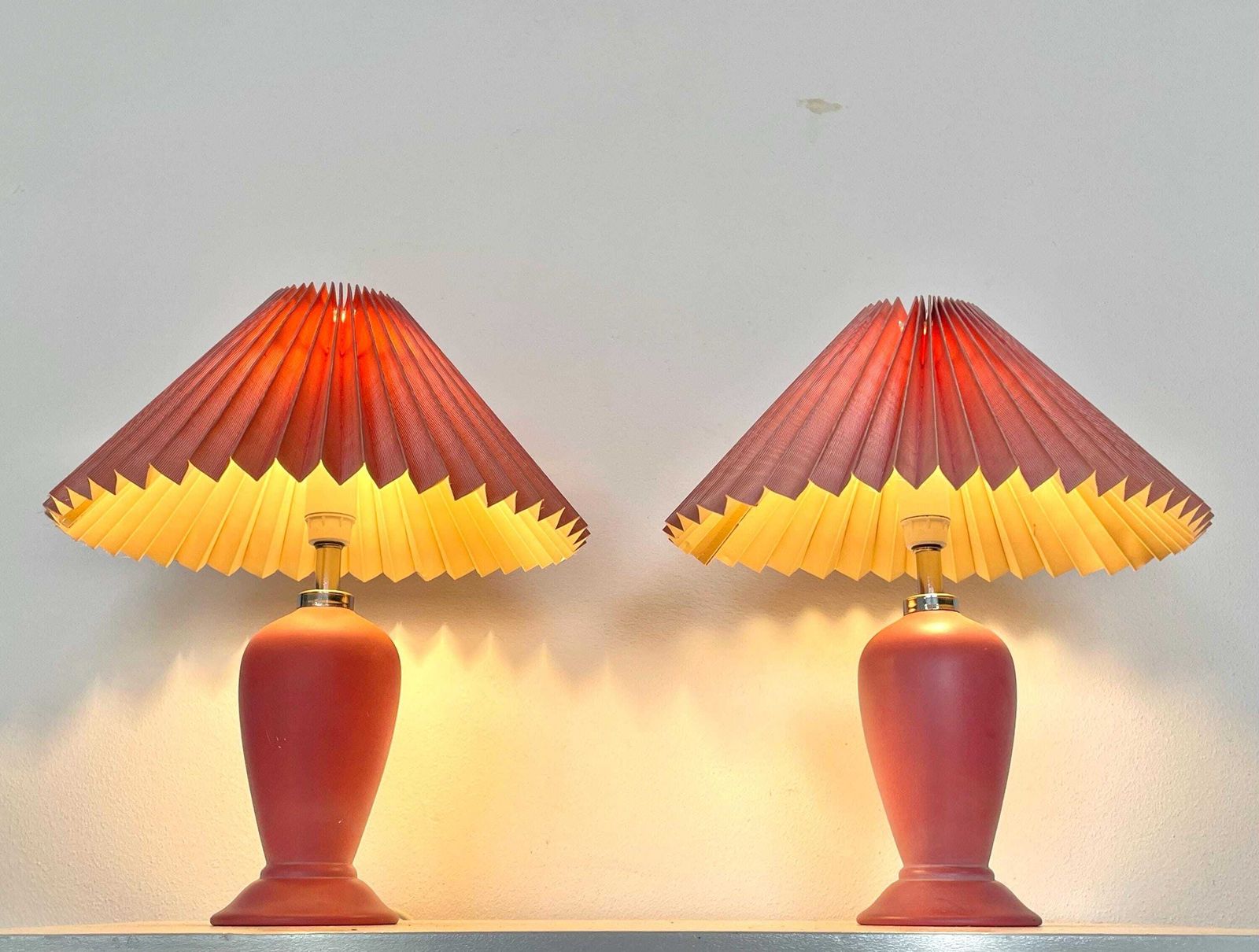 Vintage Pair Of Danish Odreco Mid Century Ceramic Table Lamps In Pink With Elegant Design Details And Cute Matching Pink Shades photo furniture