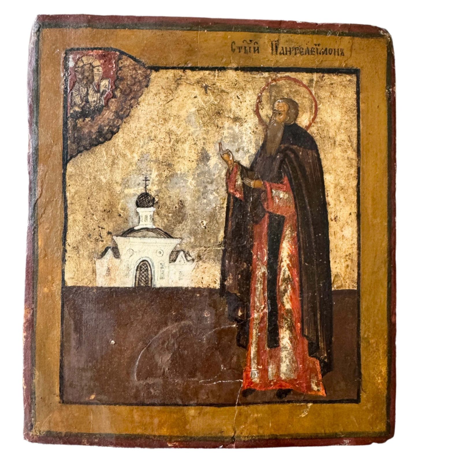 Saint Panteleimon In Prayer Before The Church. 19th Century Icon On Wood.