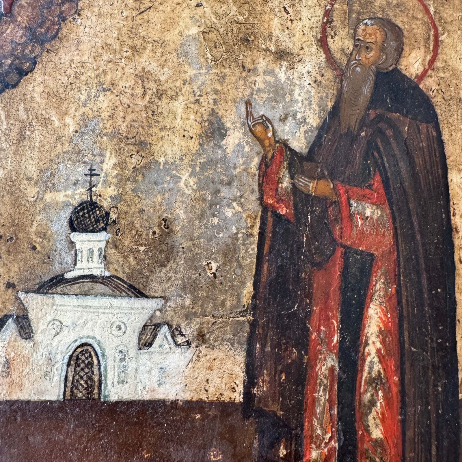 Saint Panteleimon In Prayer Before The Church. 19th Century Icon On Wood. photo for sale