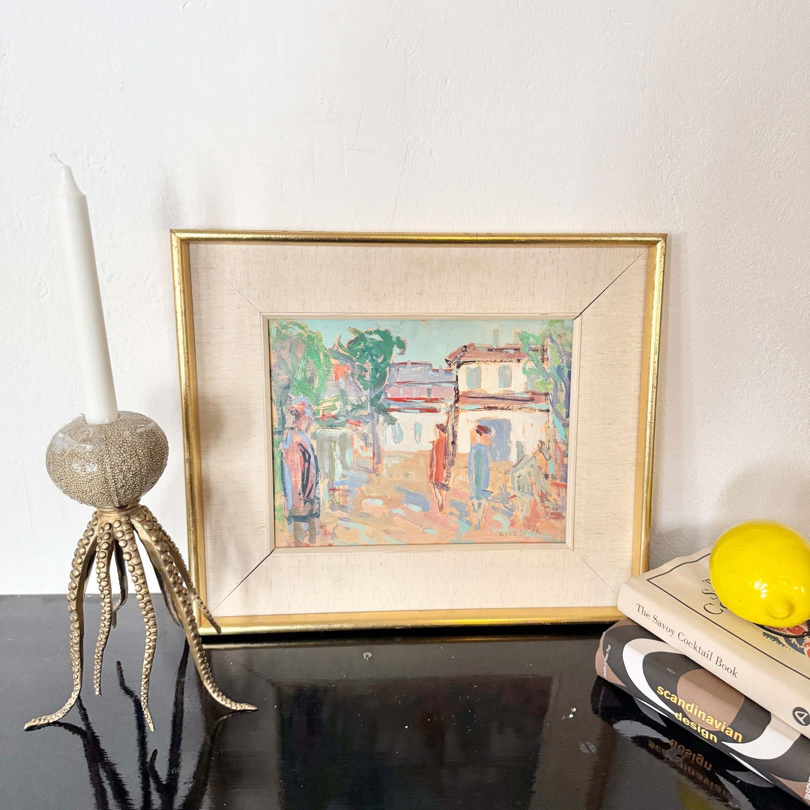 Mediterranean Village Stroll. Vintage Mid Century Oil Painting photo furniture