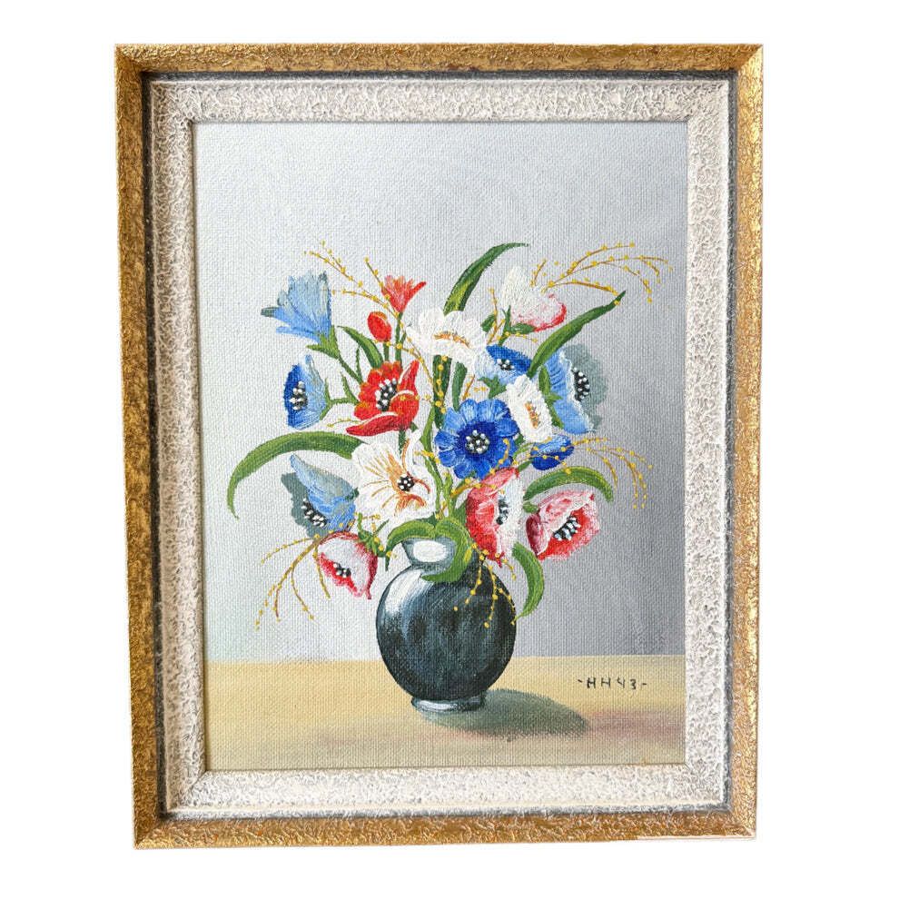Wildflowers In Wartime. Vintage Scandinavian Oil Painting.