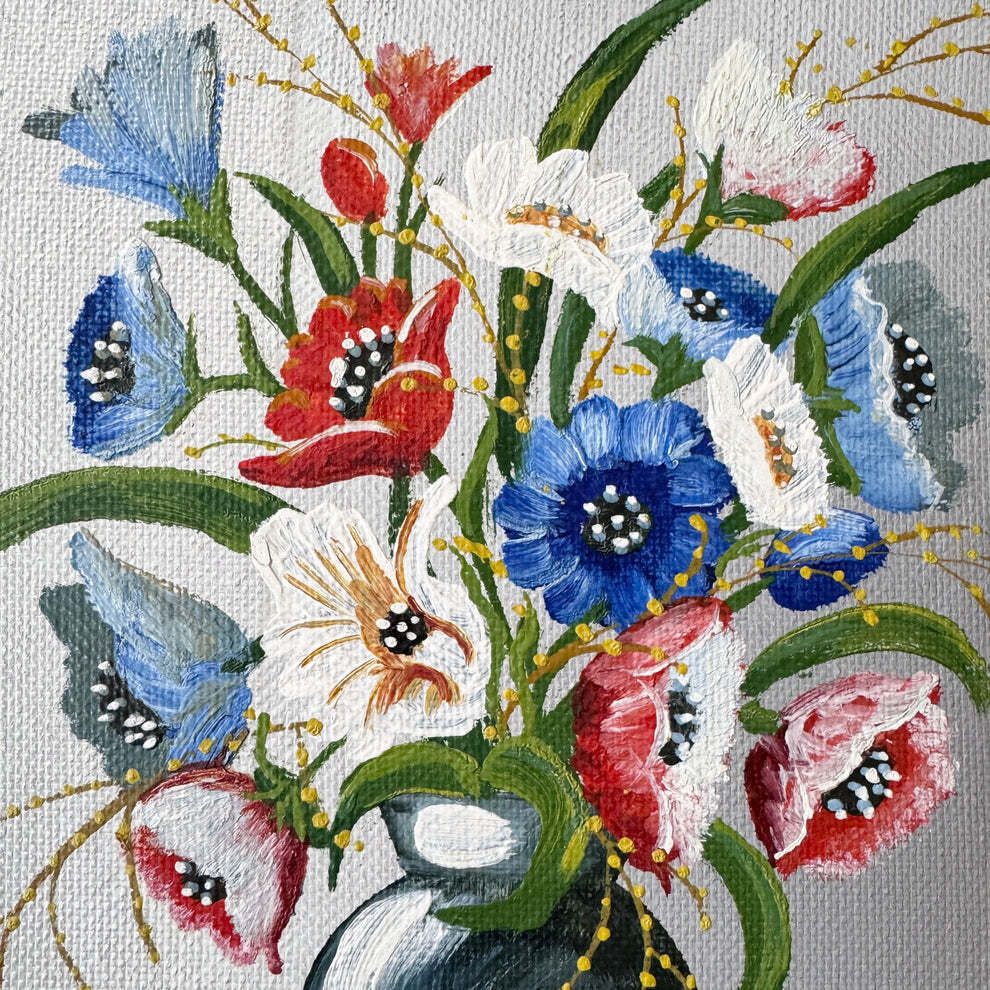 Wildflowers In Wartime. Vintage Scandinavian Oil Painting. photo for sale