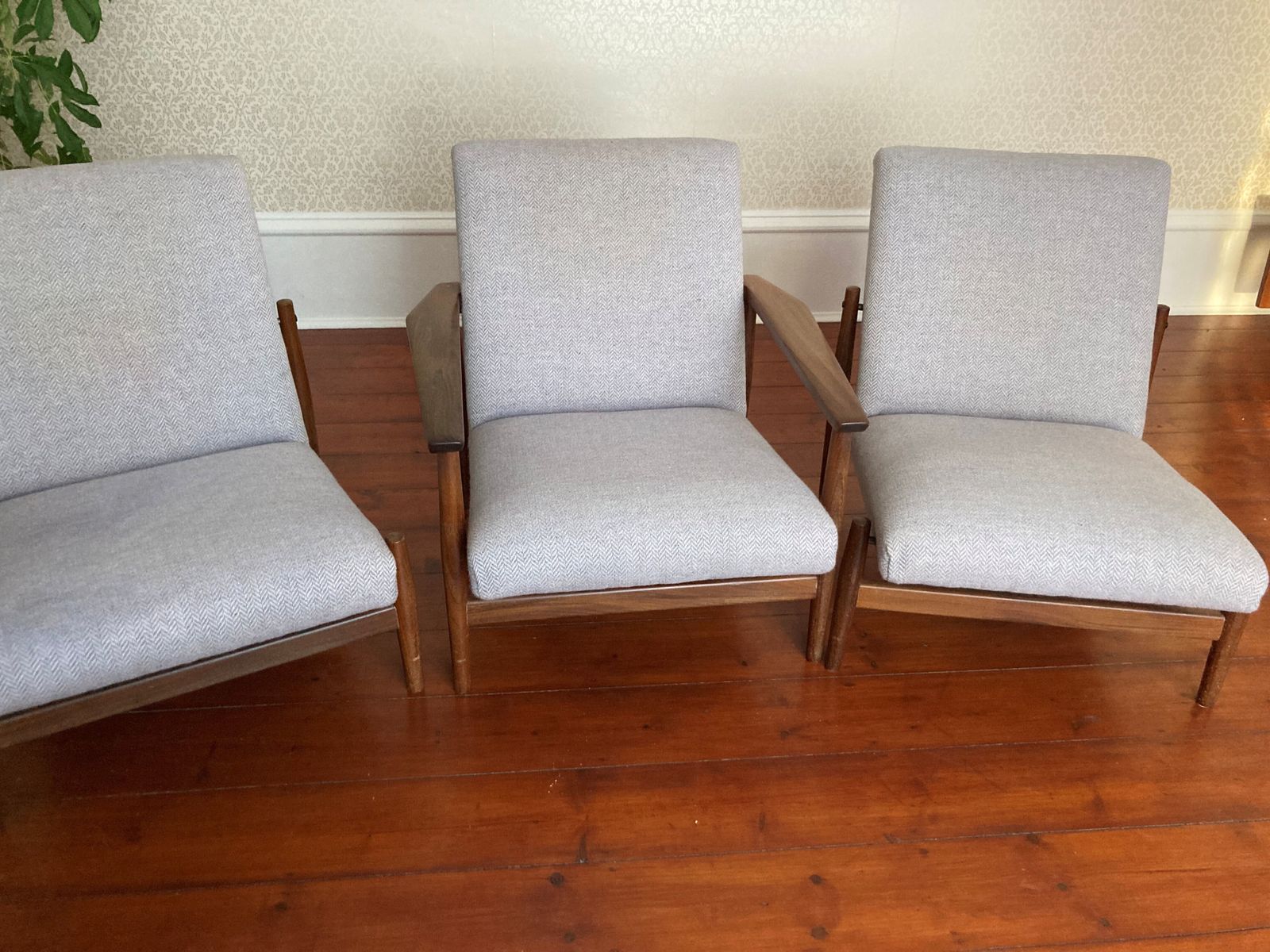 Rare Set Of Three Mid Century Danish Lounge Chairs, One With Arms