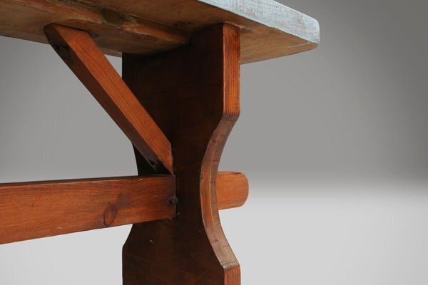 Art Deco Rustic Wooden Bench With Blue Top, France, 1930s photo vinterior